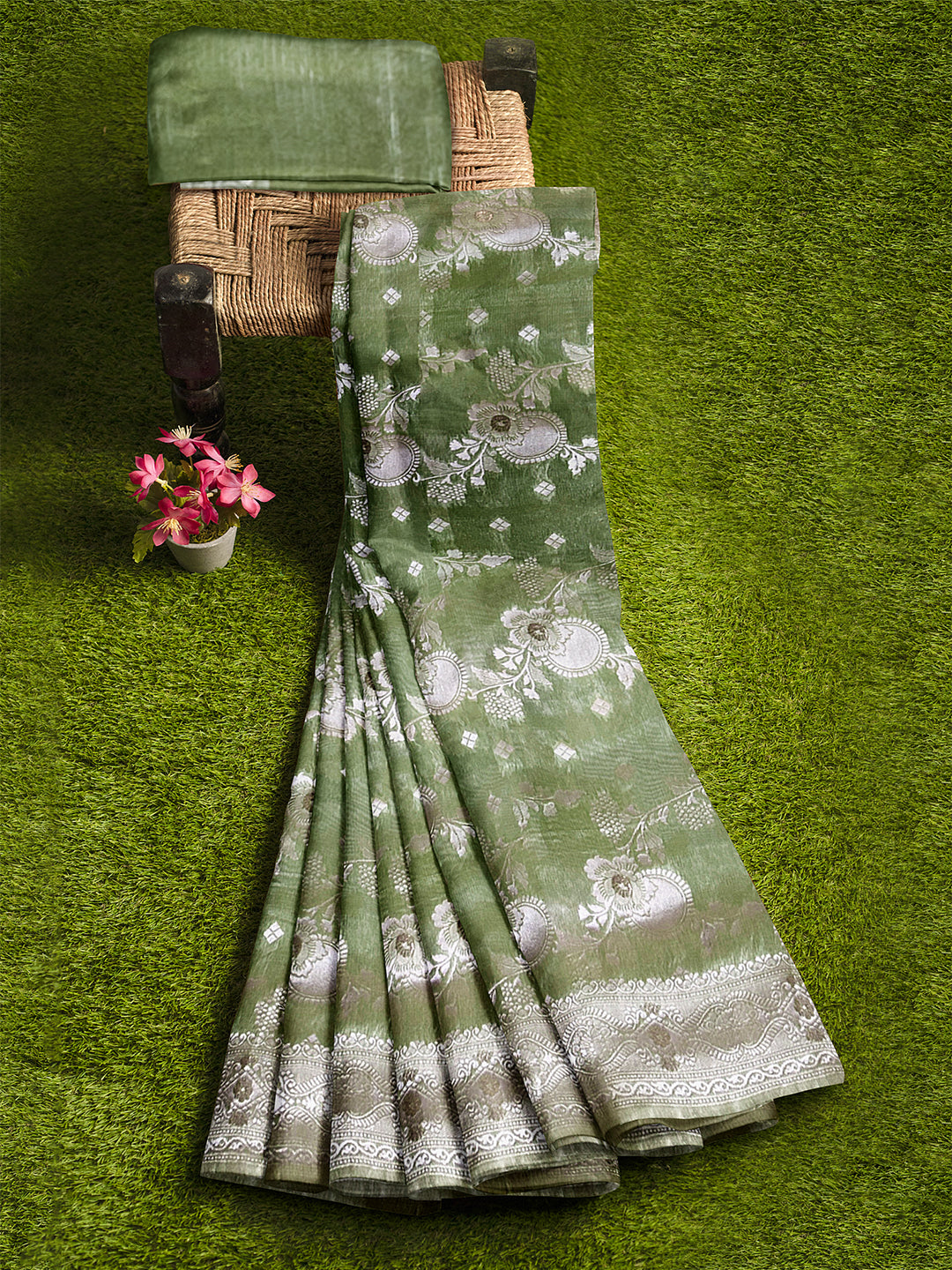 Couple Combo Shirt & Dhoti Set with Saree Moss Green MGD12