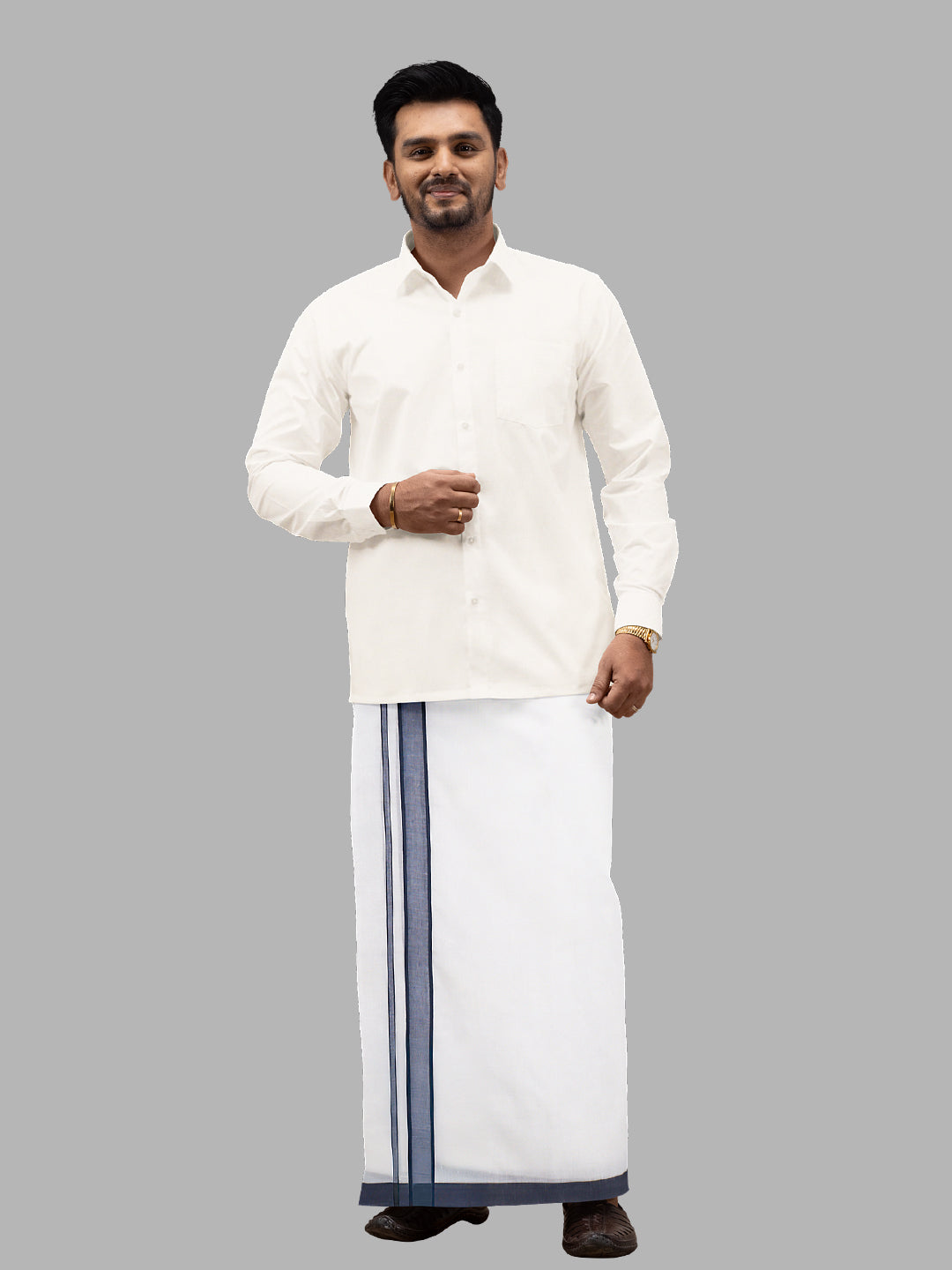 Men Navy Fancy Border Double Layer White Dhoti RP7