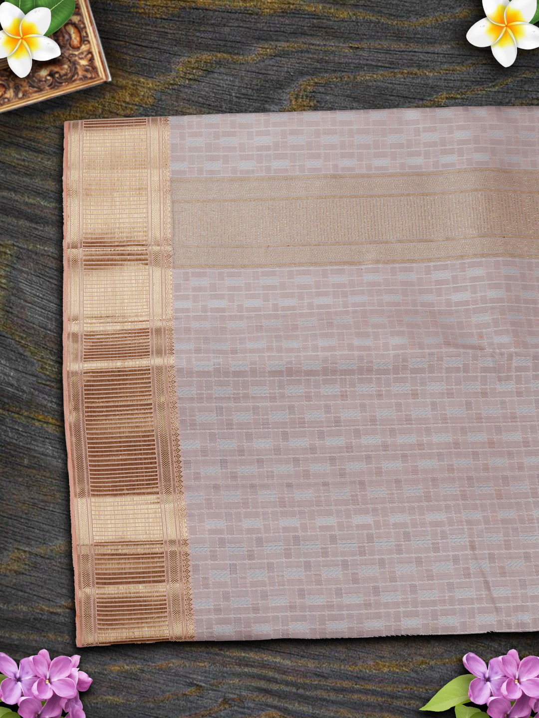 Mens Pure Silk 4" Fawn Copper With Gold Jari Border Dhoti With Towel Amirtham-View four