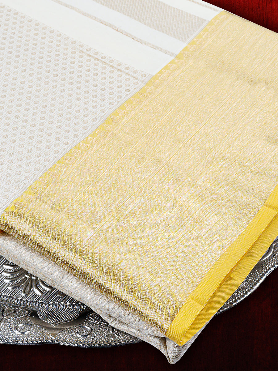 Premium Pure Silk Cream Tissue Dhoti With Angavastram 6" Yellow Jari Border Agarshanaa-view three