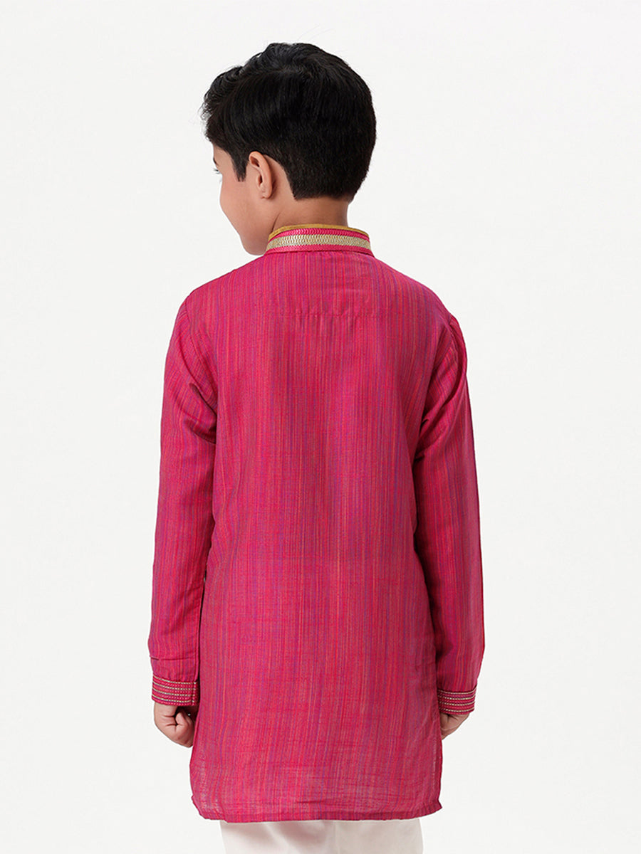 Boys Cotton Embellished Neckline Full Sleeves Dark Pink Kurta-Back view