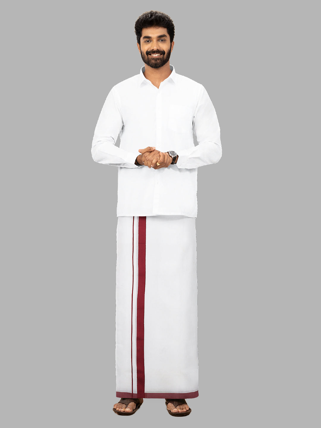 Men Maroon Fancy Border Double Layer White Dhoti SSS03