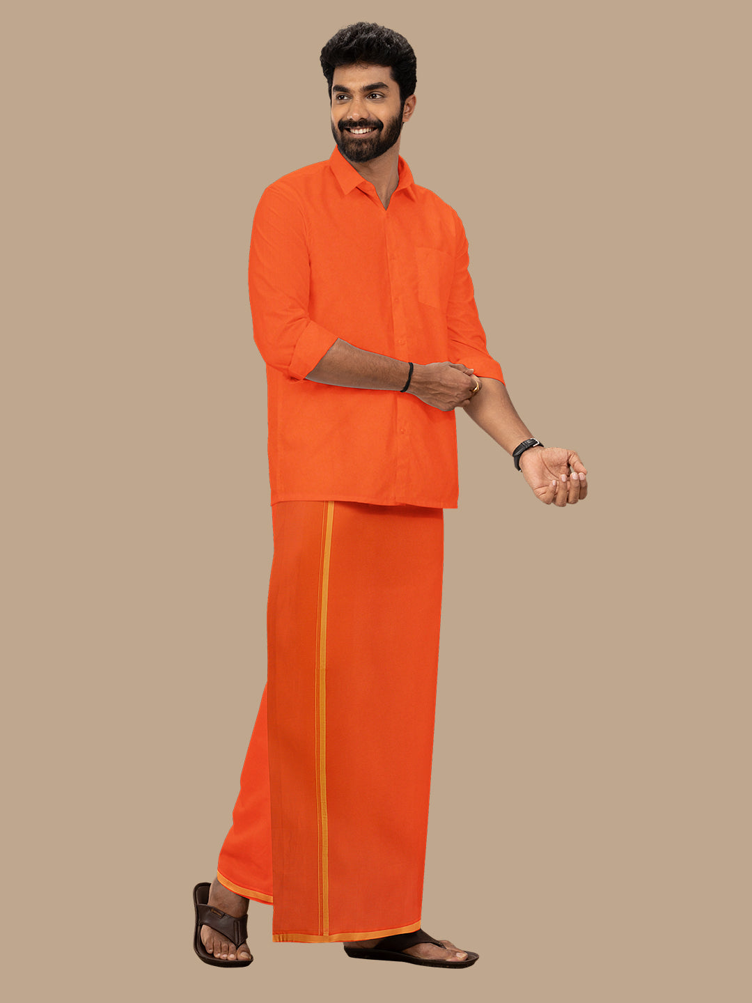 Men Assorted Border Readymade Single Dhoti Dark Orange