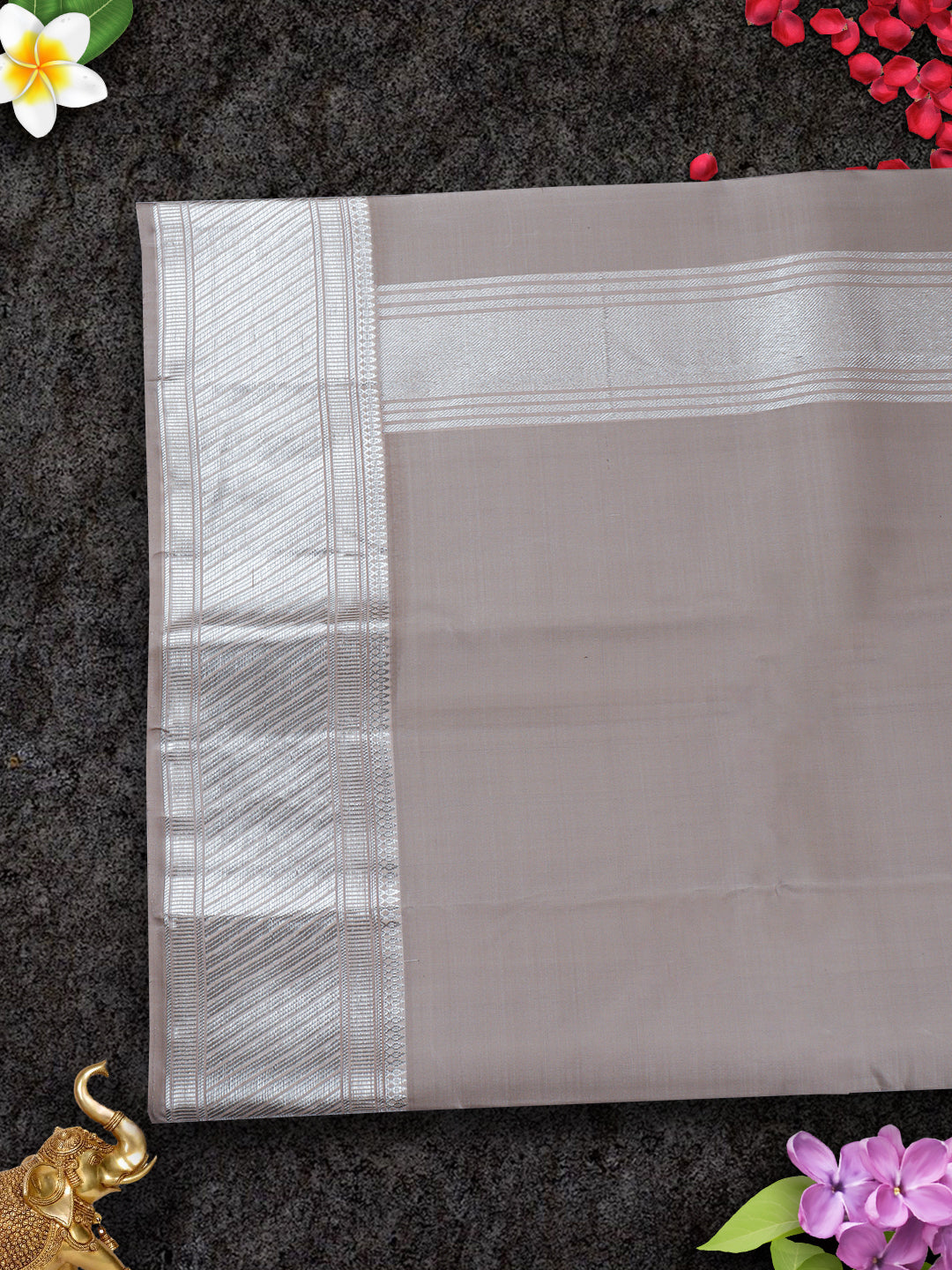 Mens Pure Silk Grey 4 1/2" Fawn Silver Jari Border Dhoti With Towel Amirtham-view four