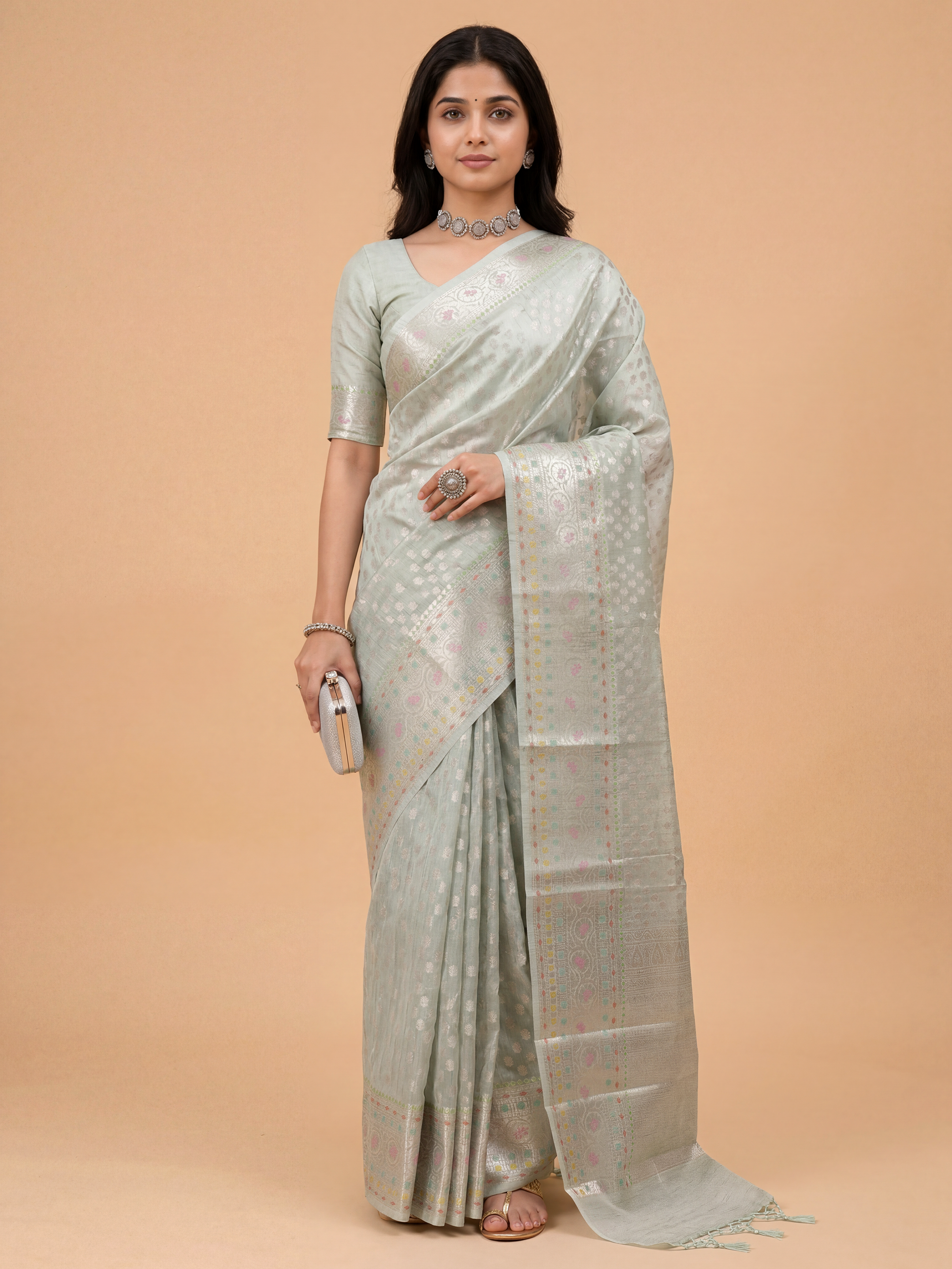 Women Tissue Pista Green Saree TS68