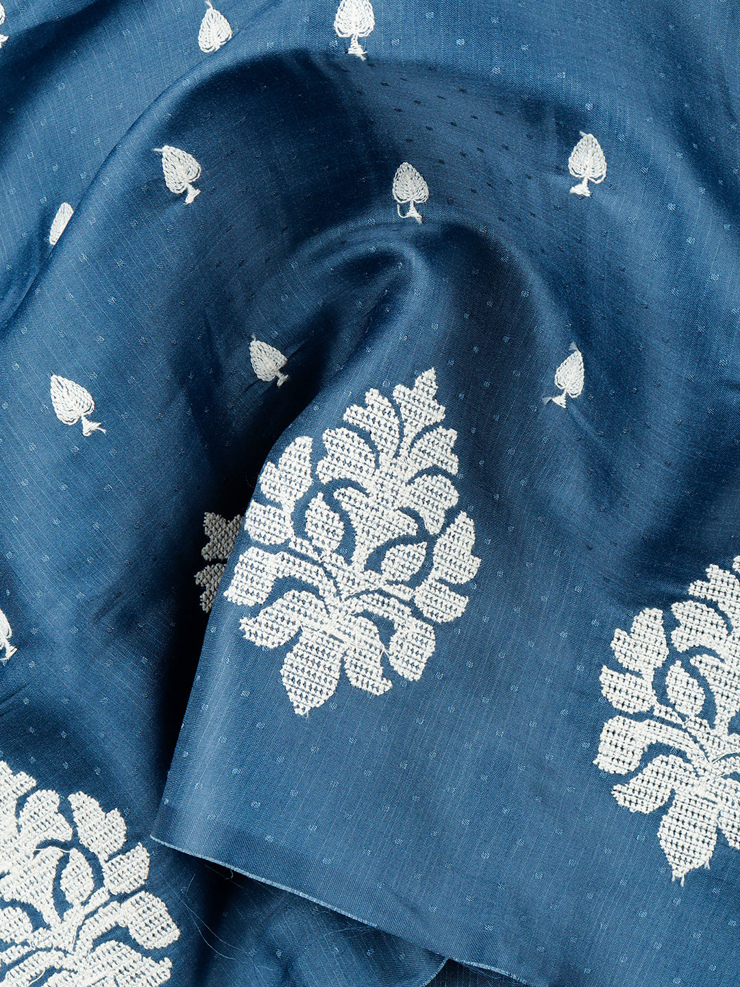 Womens Semi Tussar Blue & Sandal Flower Embroidery Saree ST100-Zoom view