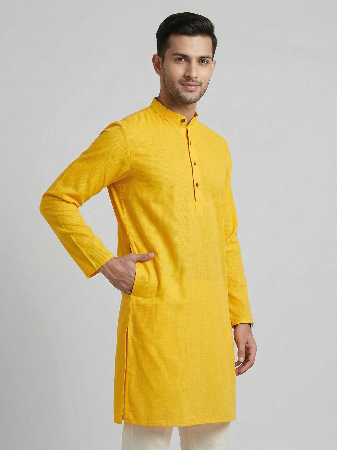 Cotton Medium Length Self Design Pocket Kurta Yellow D2