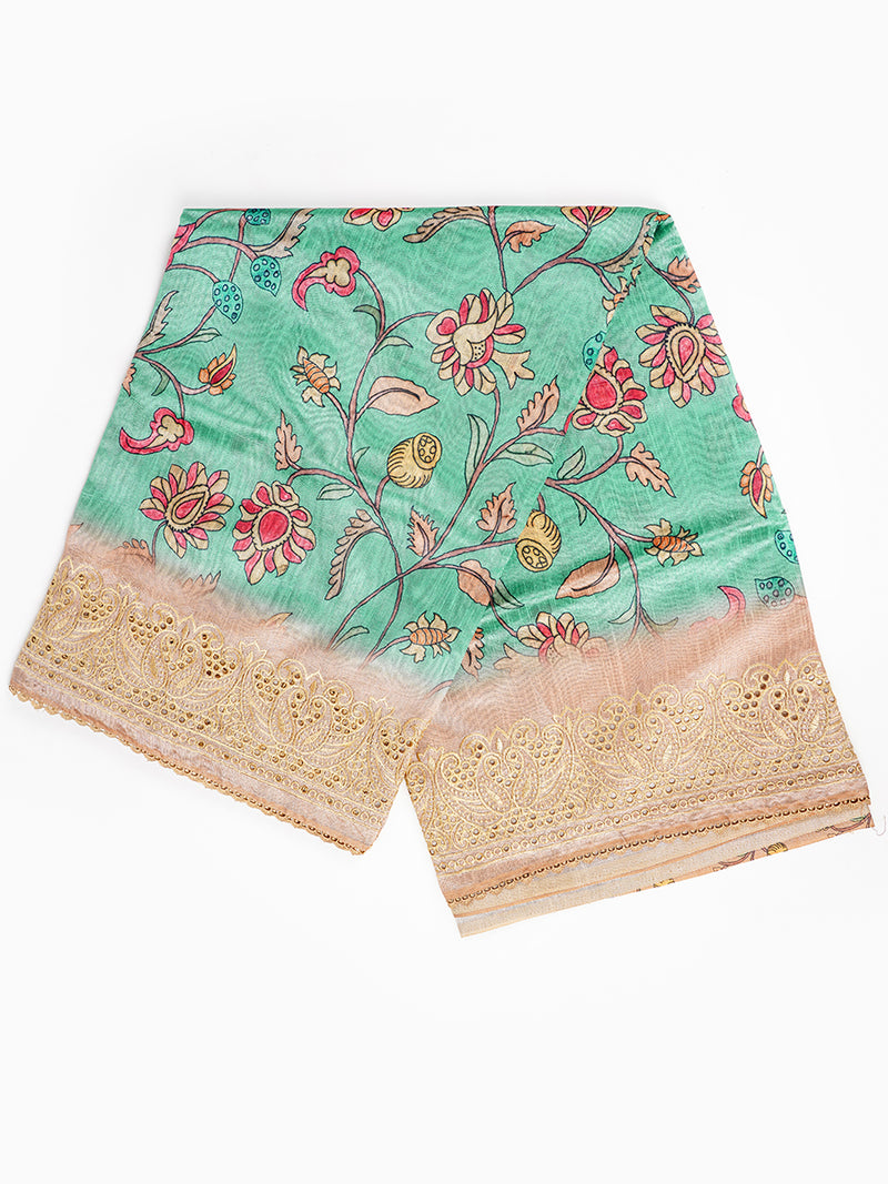 Semi Raw Silk Green and Sandal Colour Flower Design Printed Saree SRS17