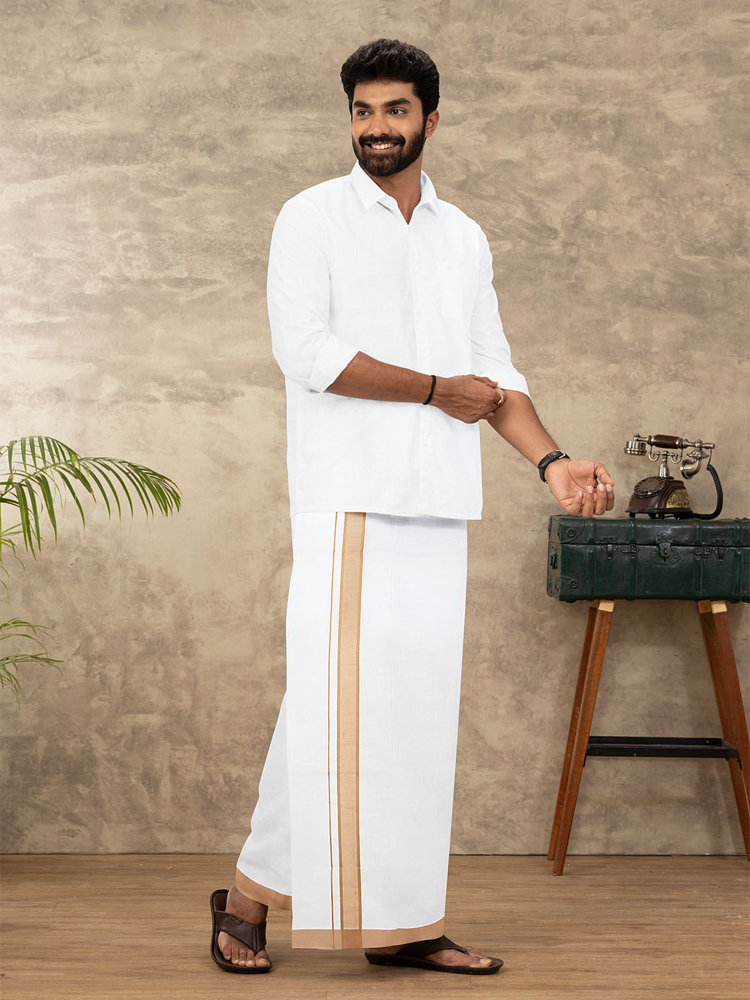 Men Cotton Blend Single Layer White Dhoti with Double Side Fancy Border HM 12