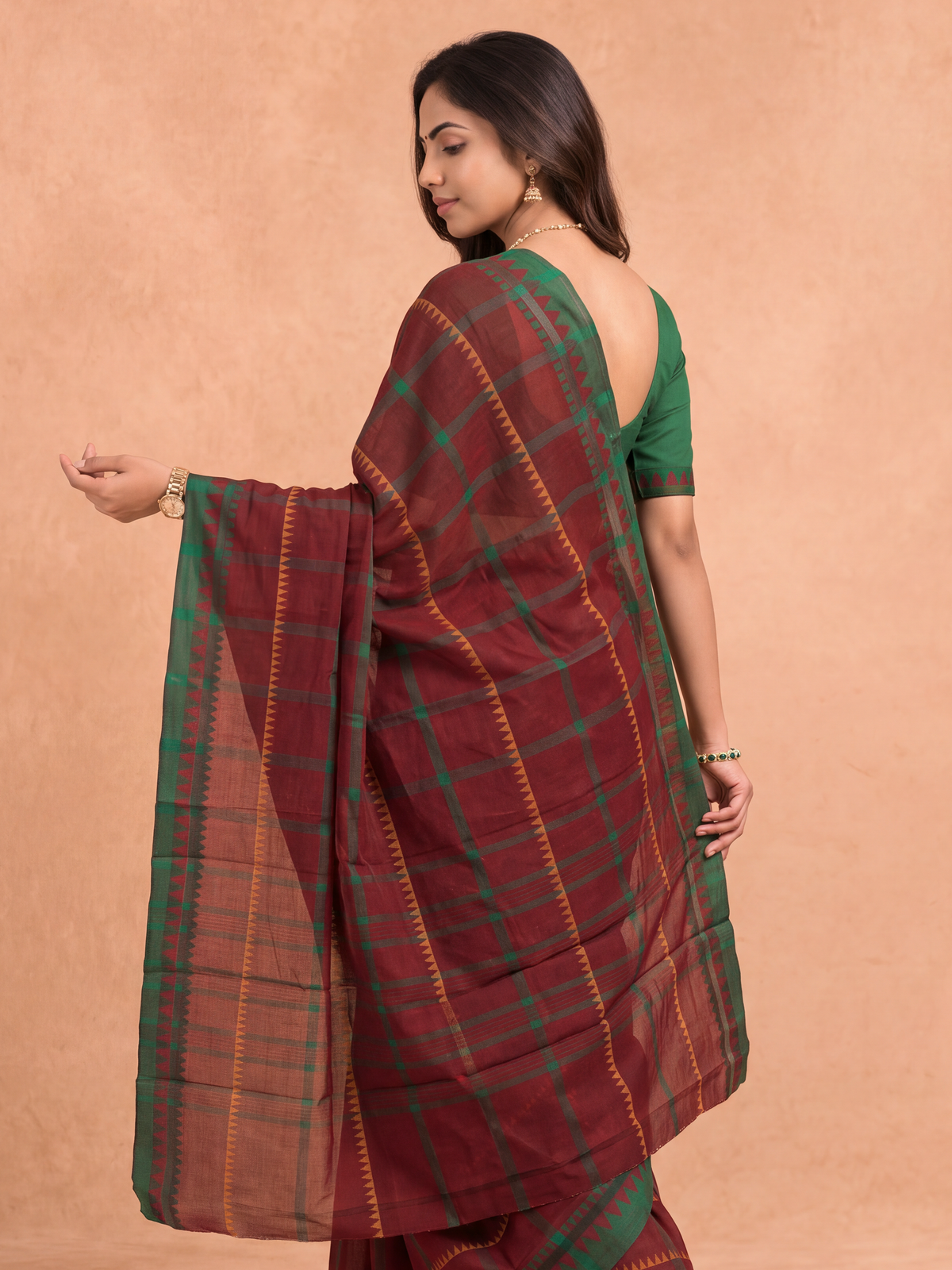 Women Chettinad Cotton Maroon with Green Saree CCS16