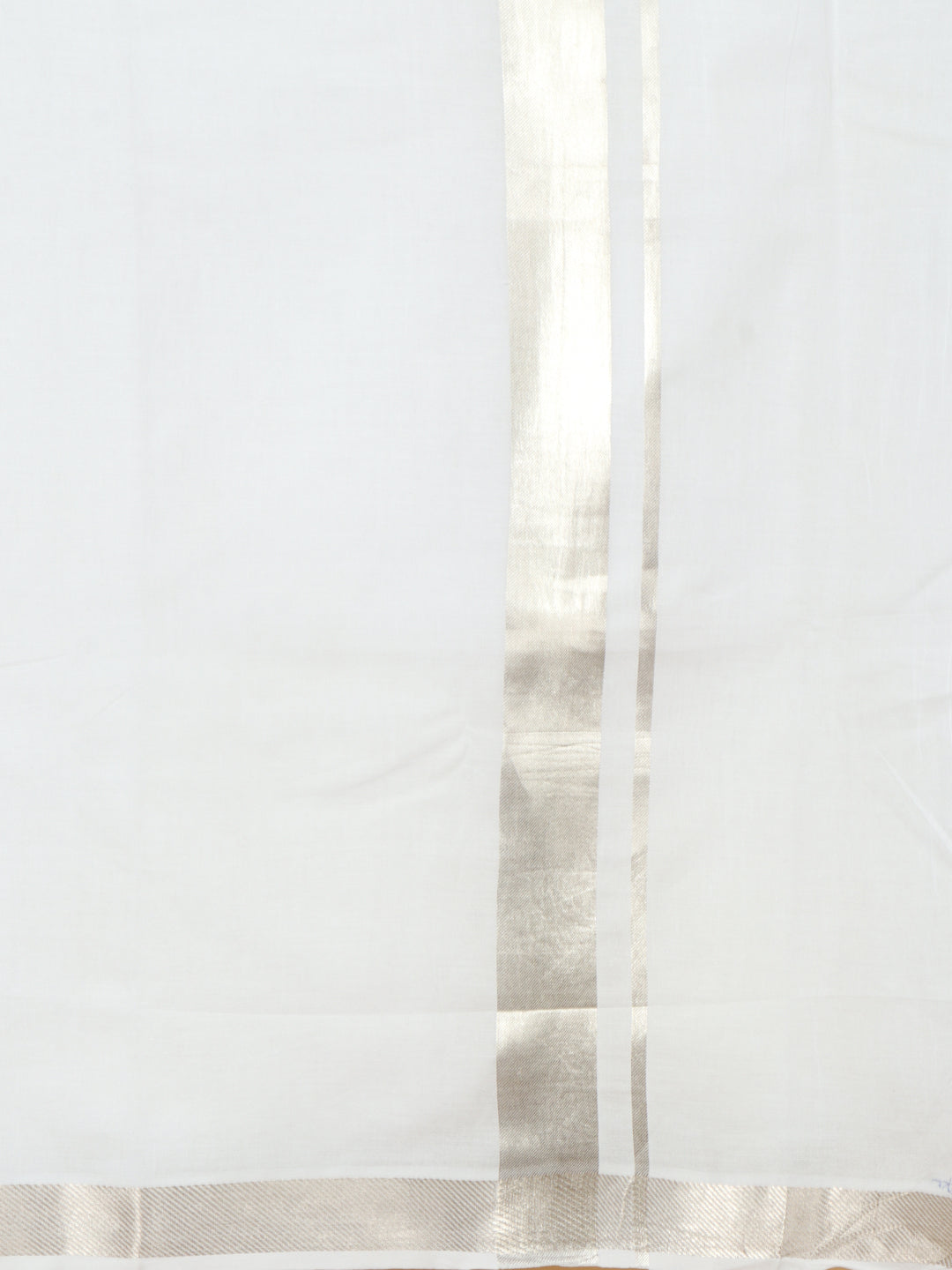 Men 100% Cotton Double Layer White Dhoti with 1 1/2" Jari Border Silver Coin