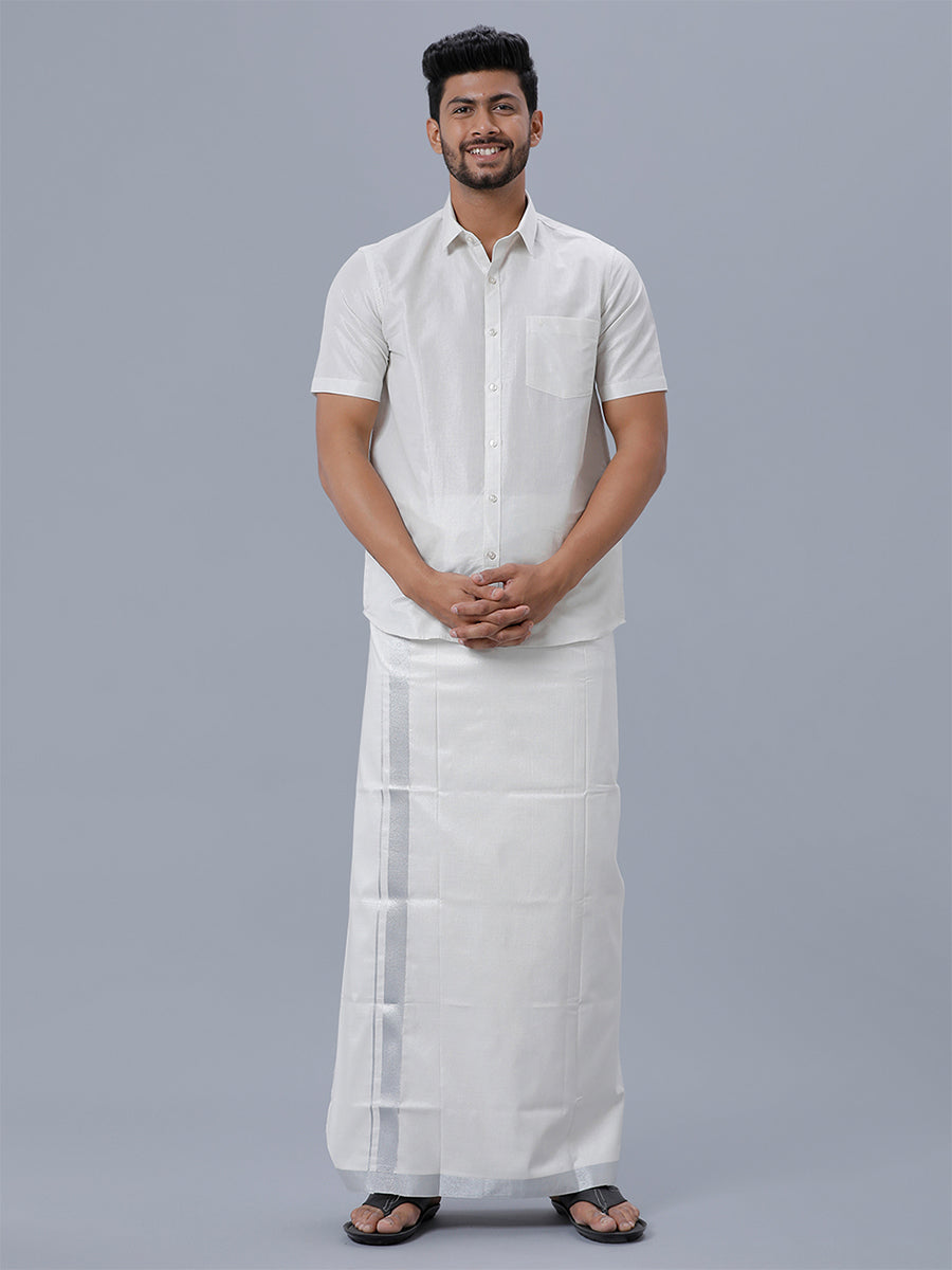 Men Cotton Single Silver Colour with Jari Border Dhoti Primacy Silver