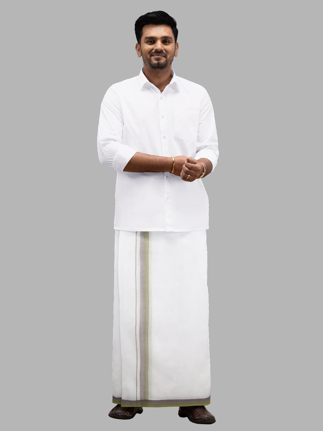 Men Green Fancy Border Double Layer White Dhoti RVS04