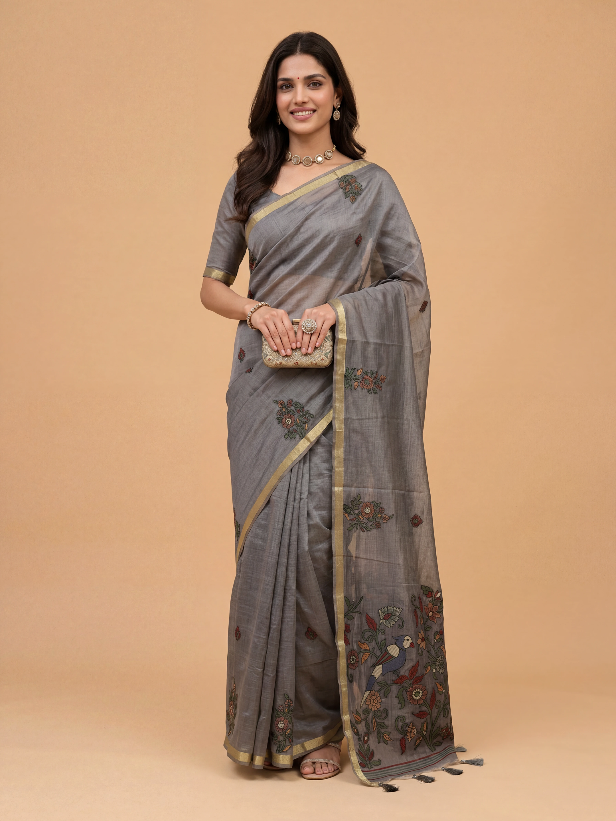 Women Pure Cotton Printed Grey Saree PCS268