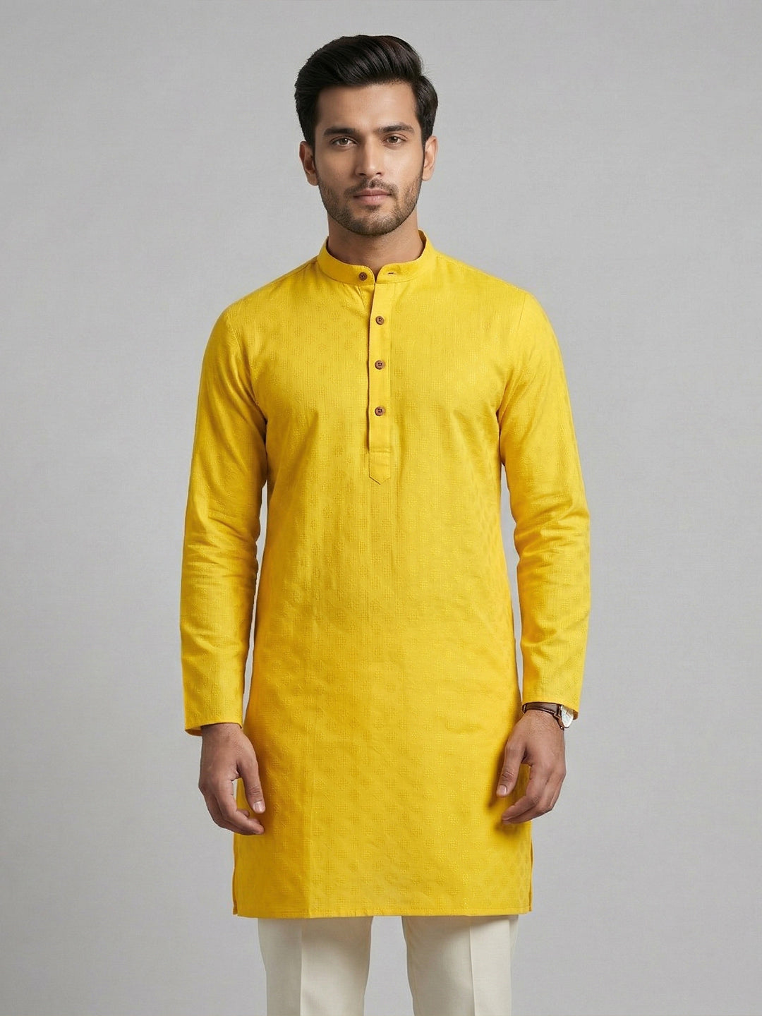 Cotton Medium Length Self Design Pocket Kurta Yellow D5