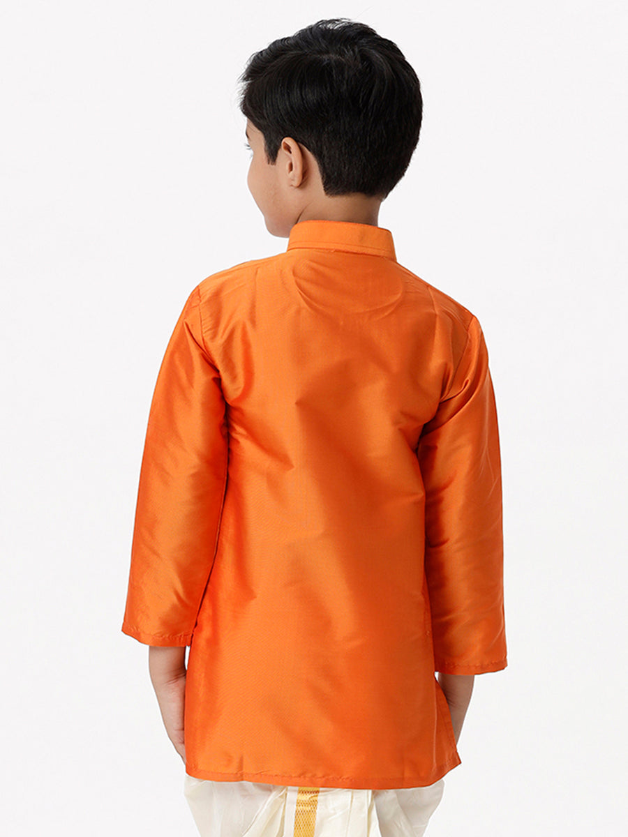 Boys Silk Cotton Full Sleeves Orange Kurta-Back view