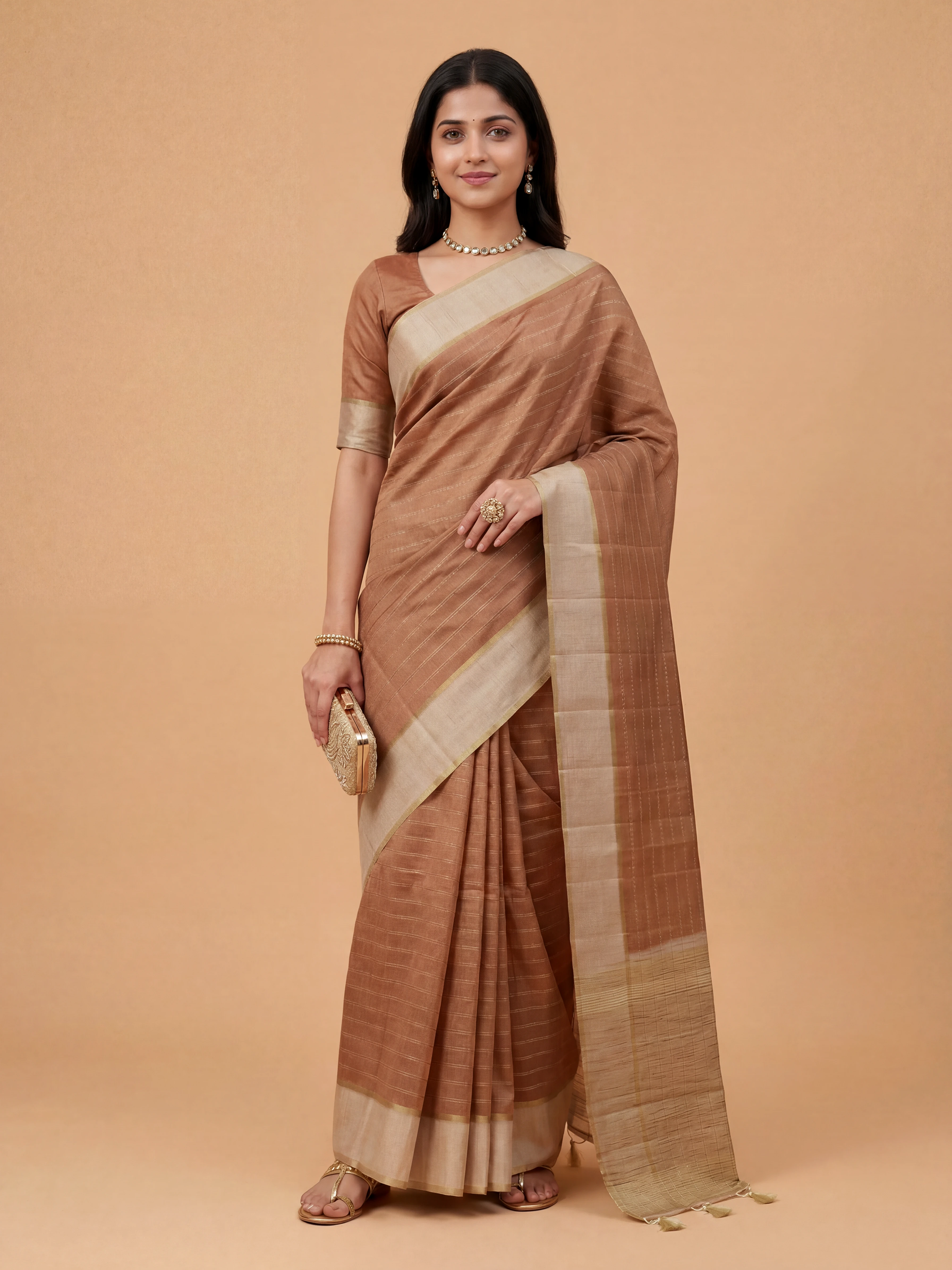 Women Semi Tussar Brown Saree ST330