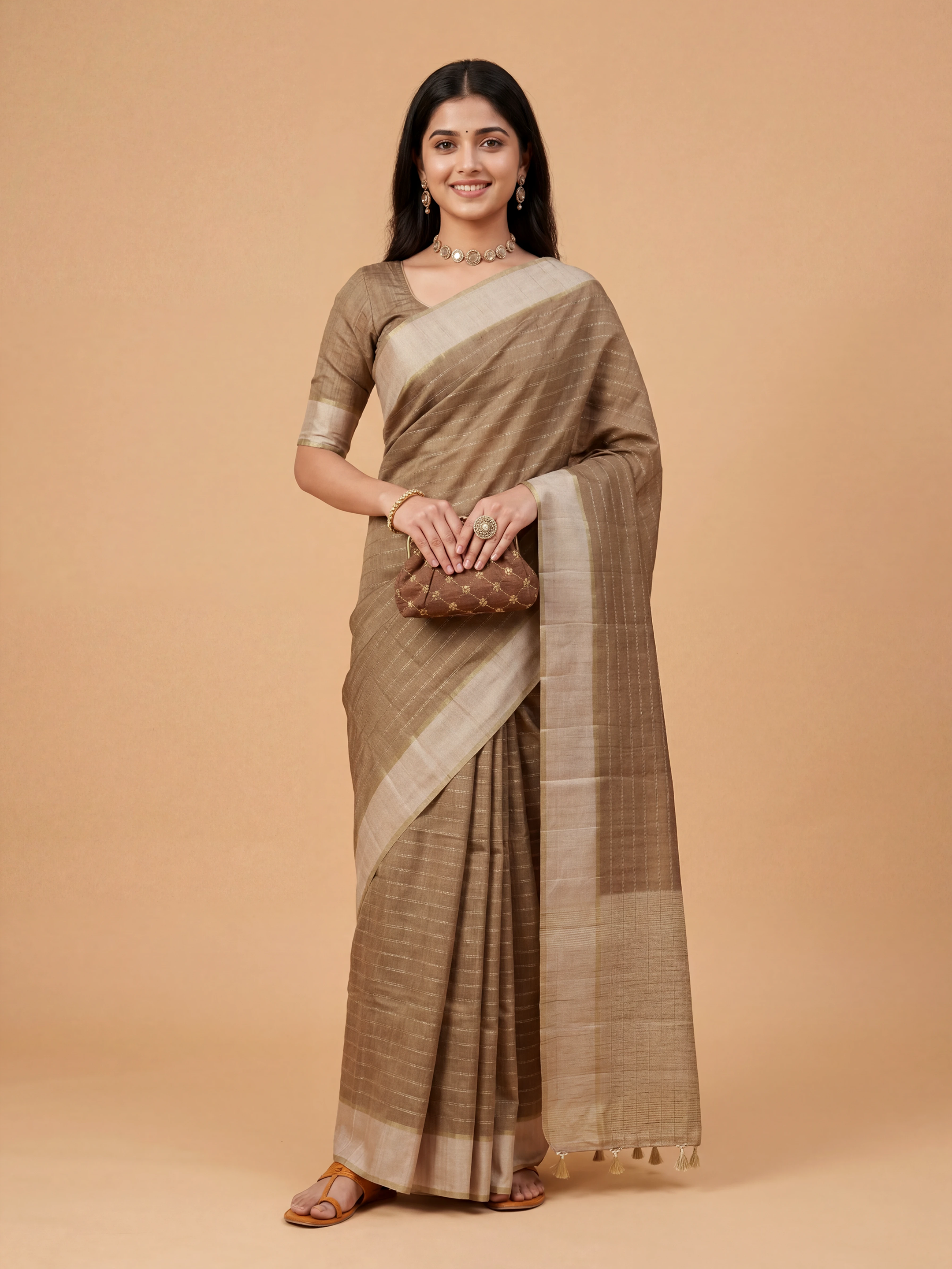 Women Semi Tussar Brown Saree ST329