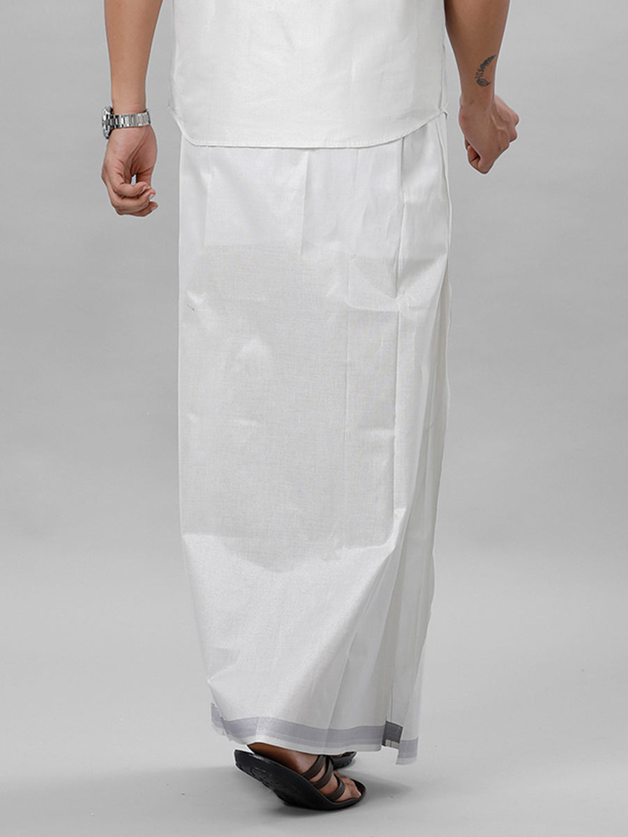 Mens Regular Single Tissue Dhoti with Silver Jari Border Extreme 1 Silver-Back view