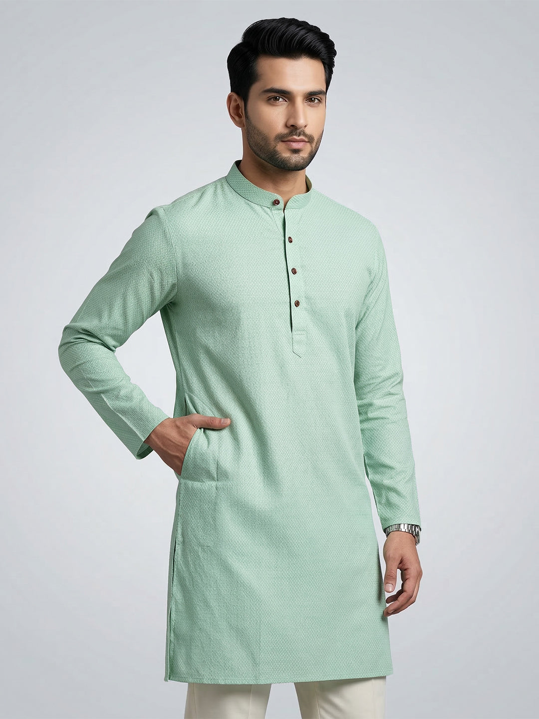 Men Cotton Medium Length Printed Pocket Kurta Greenish Blue MHJ6