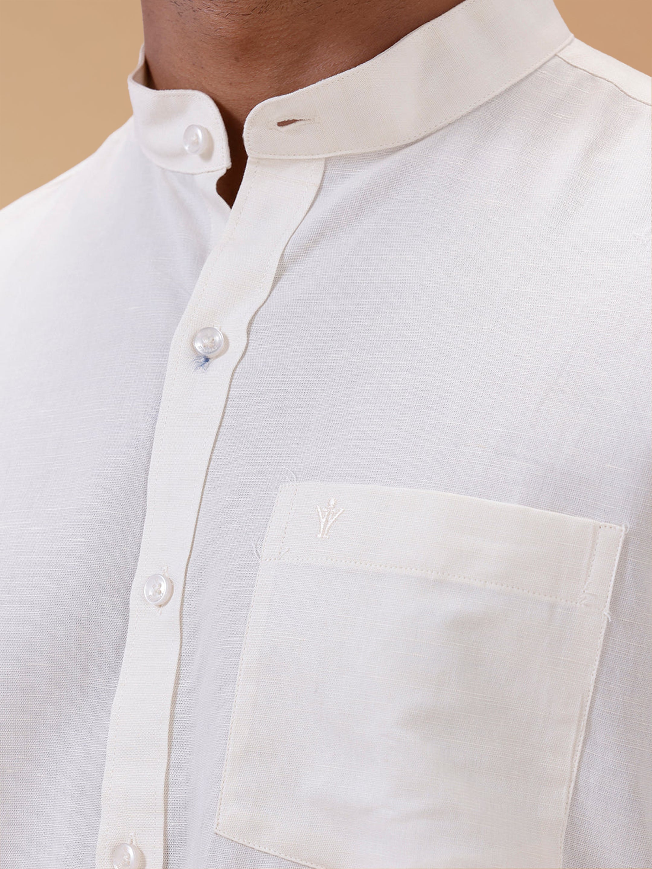Linen Cotton Cream Chinese Collar Regular Fit Shirt LF12