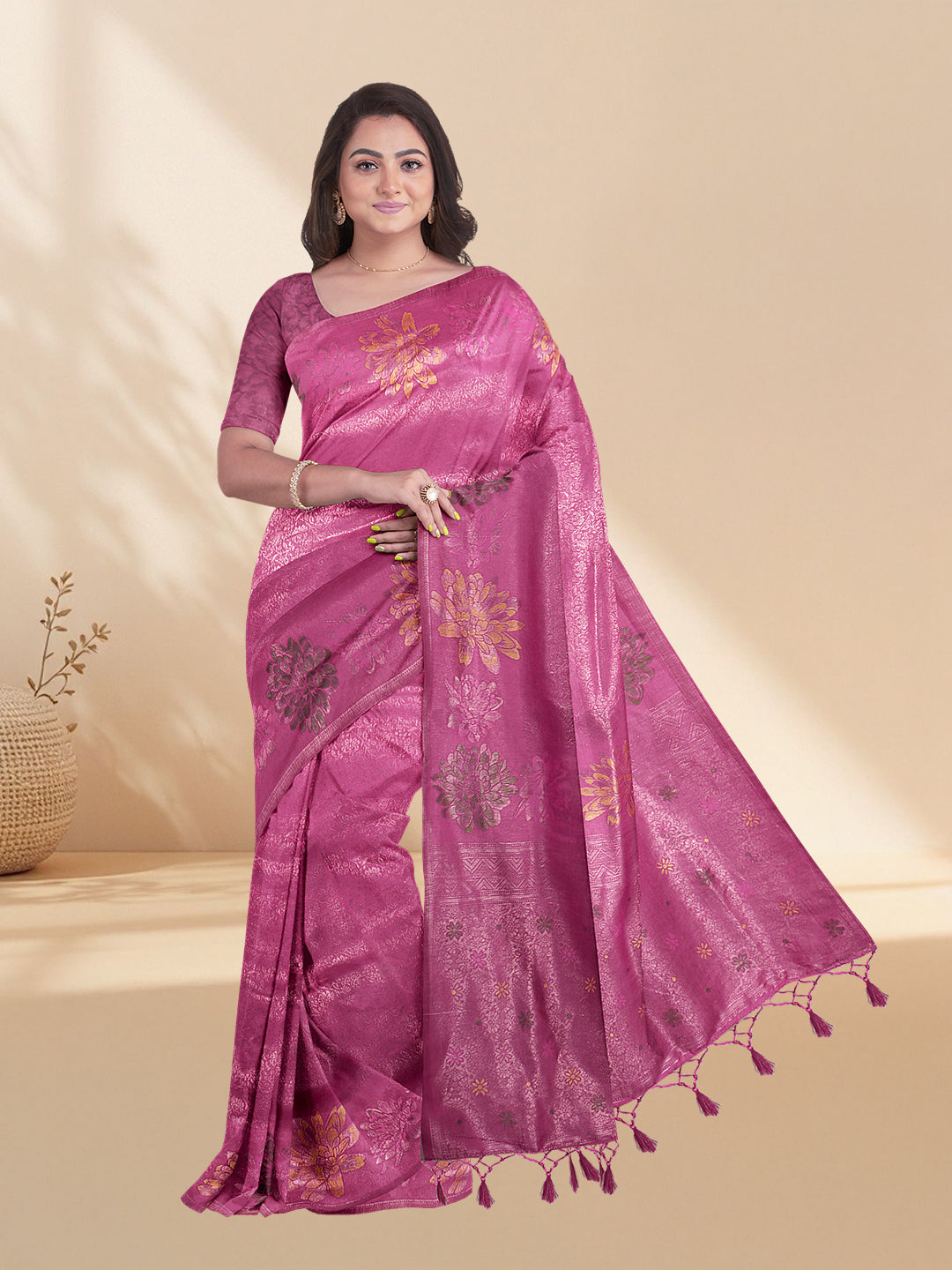 Women Pink Semi Mysore Silk Saree SS372