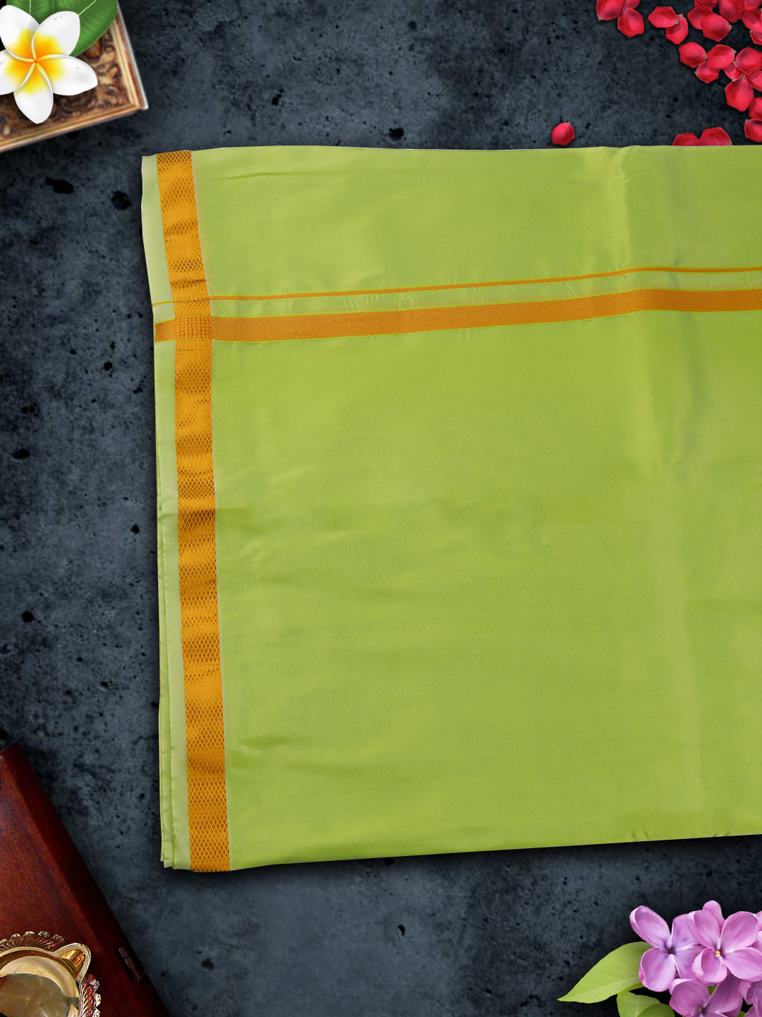 Mens Premium Art Silk Parrot Green Shirting & Gold Jari Border Panchakacham Set 9+5 Ashirwath-View six