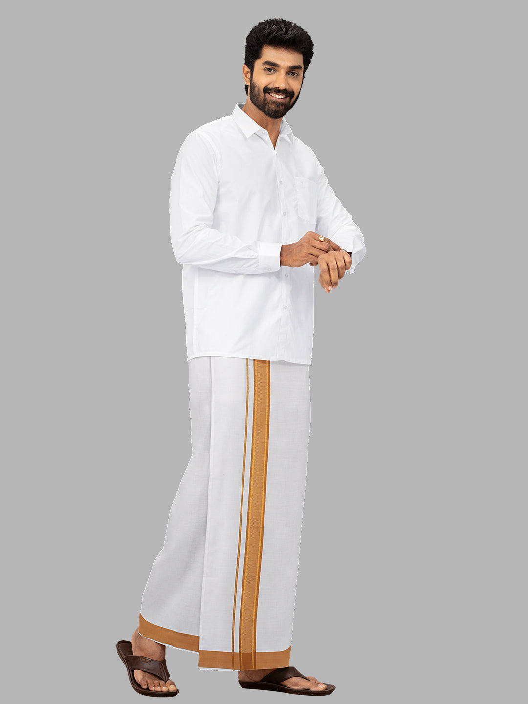 Men Mustard Fancy Jari Border Single Layer Adjustable Pocket Dhoti GACJ33