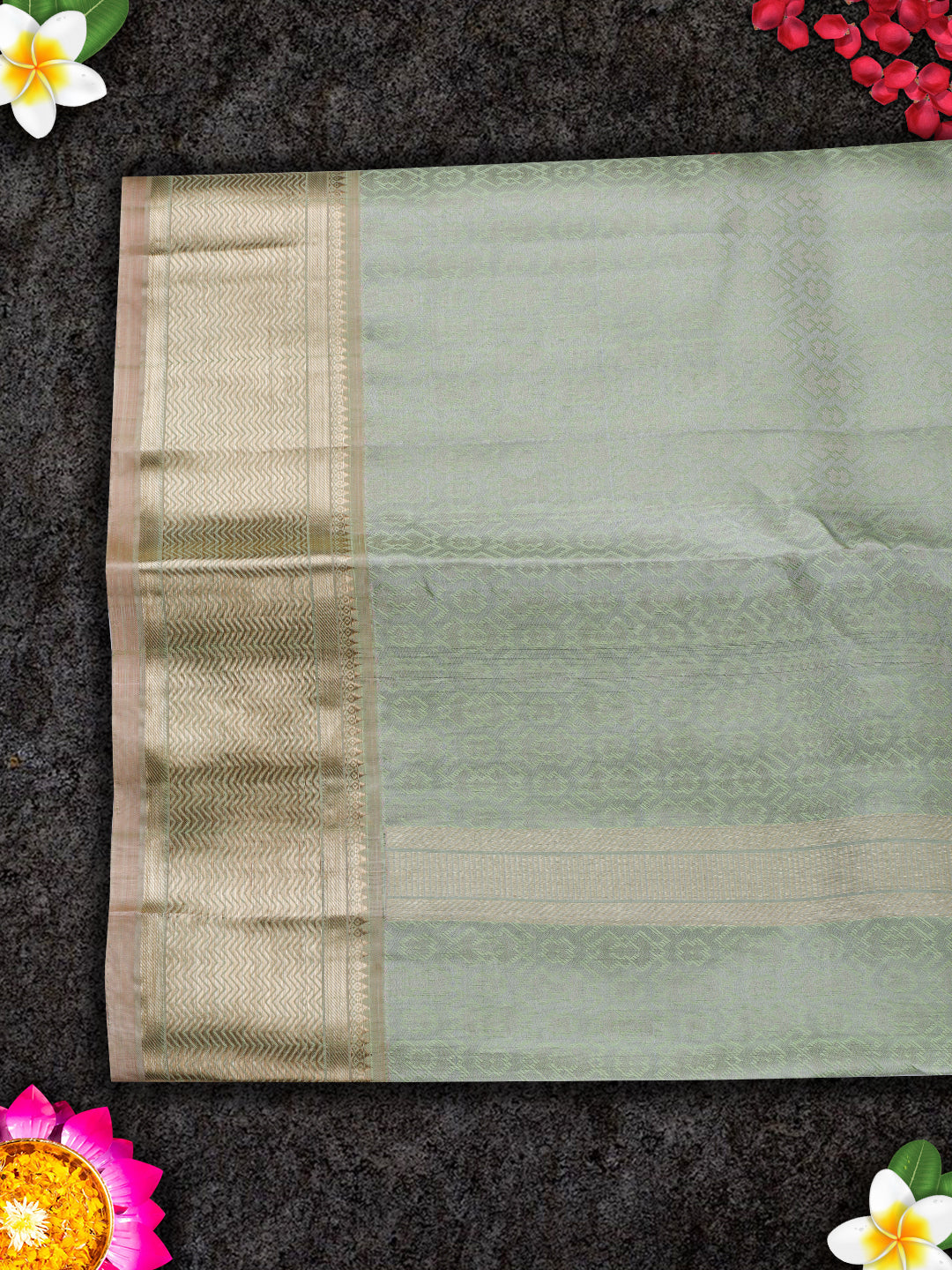 Mens Pure Silk Green 4" Fawn Gold Jari Border Dhoti With Towel Amirtham-view four