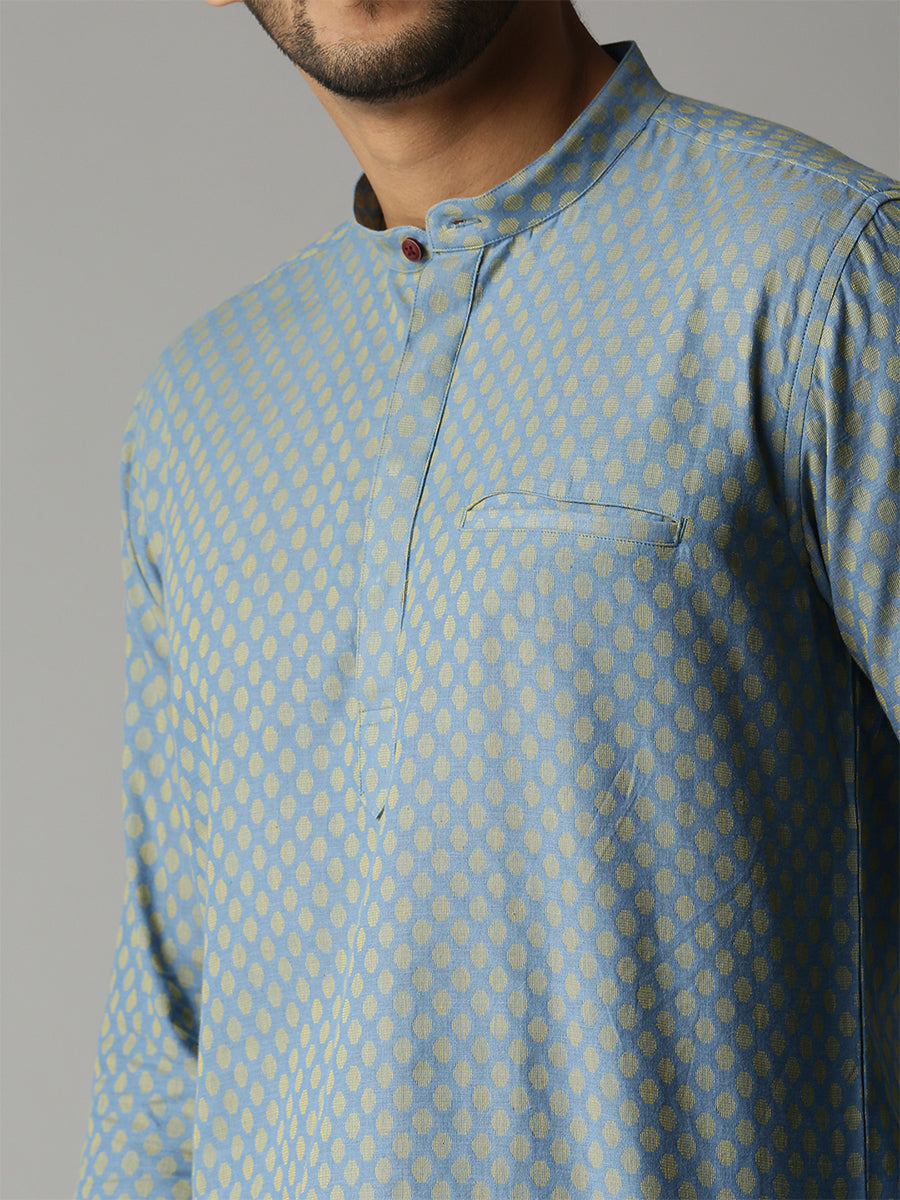 Mens Full Sleeves Blue & Gold Medium Length Pocket Kurta J32-Zoom view