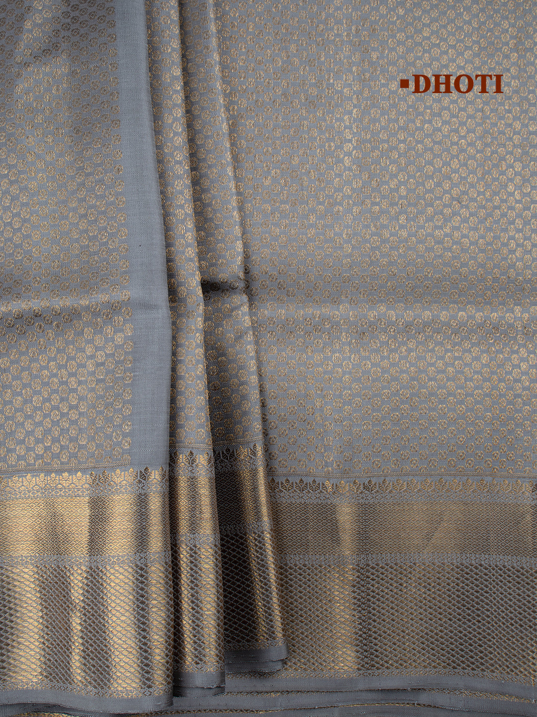 Men Premium Pure Silk Grey Dhoti & Towel Set with 6" inch Gold Jari Border Amirtham AM17