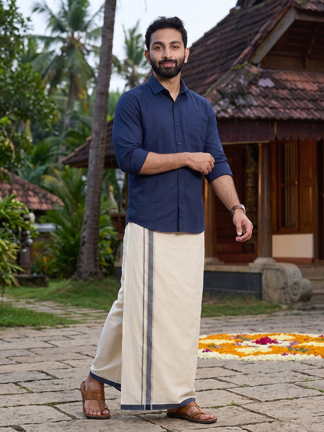 Double Layer 100% Cotton Cream Kora Dhoti with Colour Border - KJ02