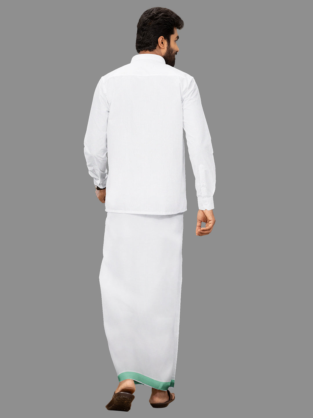 Men White with Green Fancy Jari Border Single Layer Dhoti YGF03