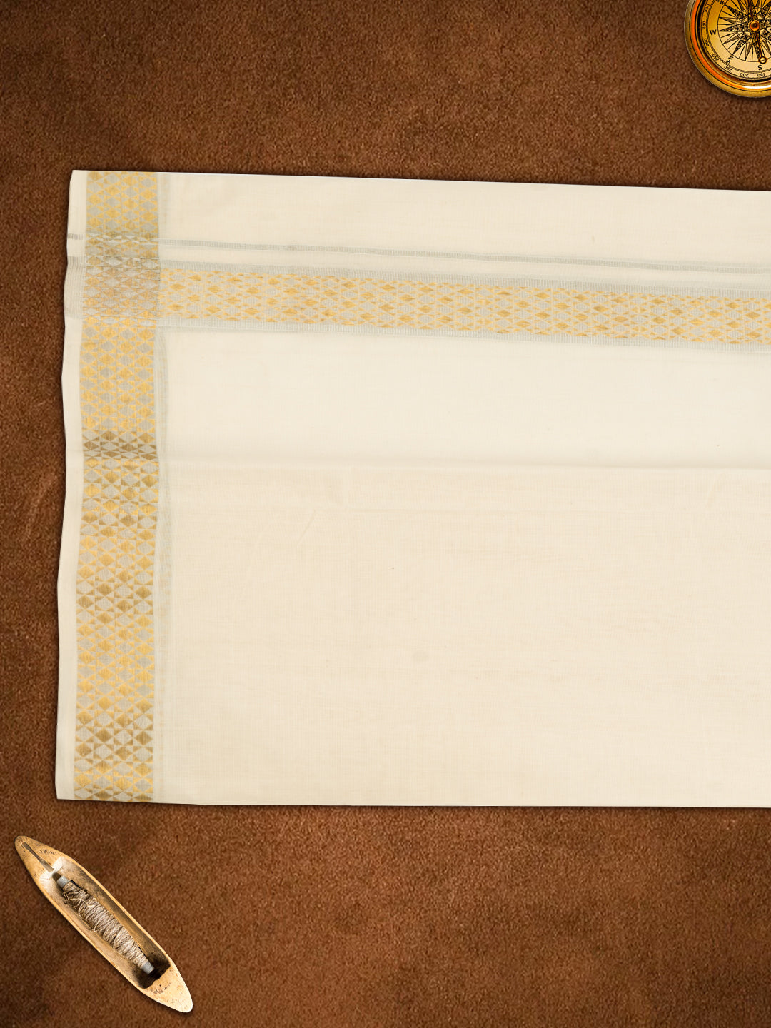 Mens Premium Handloom Silver with Gold Jari Fancy Border Cream Dhoti -110512