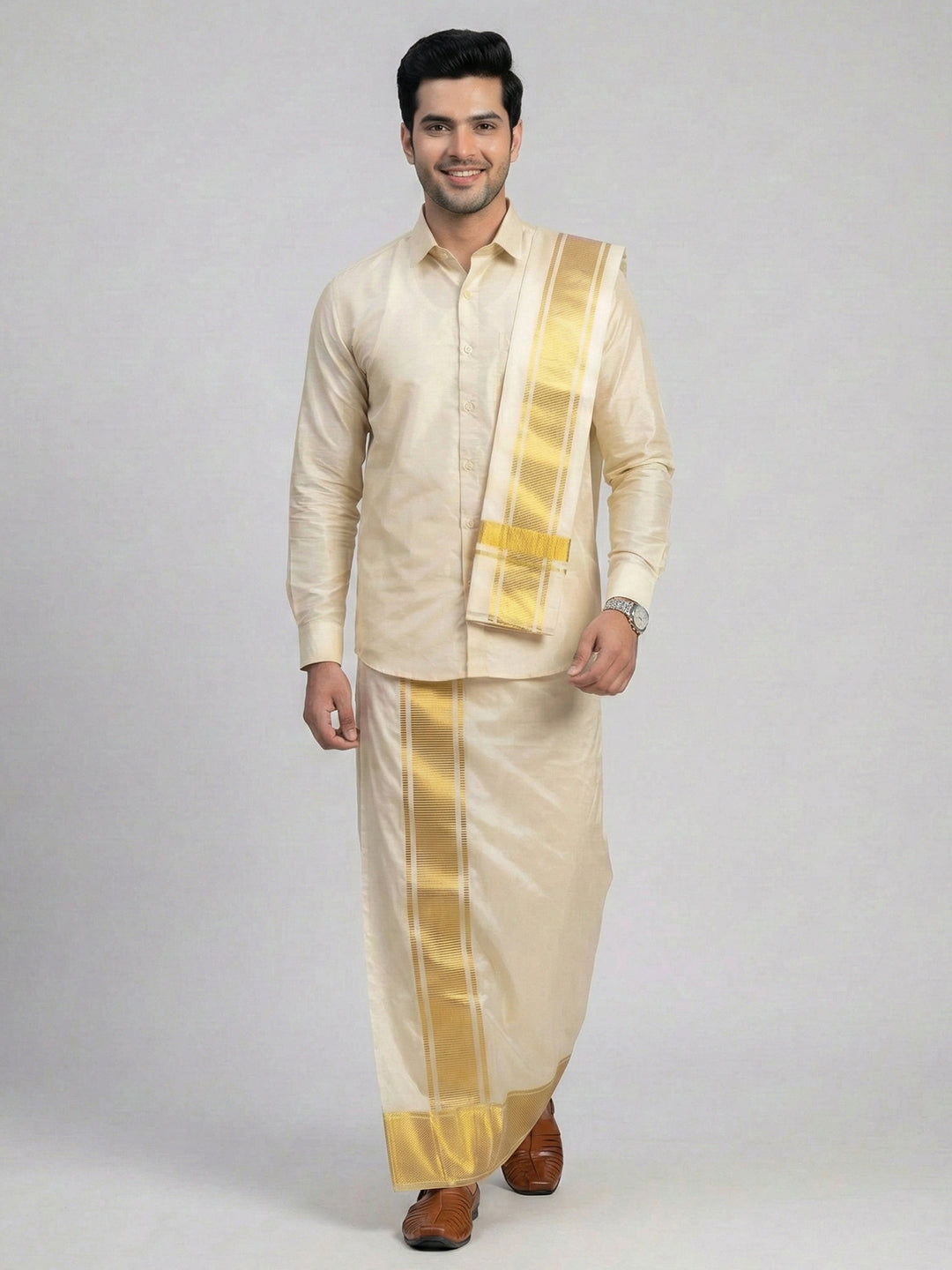 Men Art Silk Shirt & Dhoti Towel Set Dark Gold Bandham DGD1