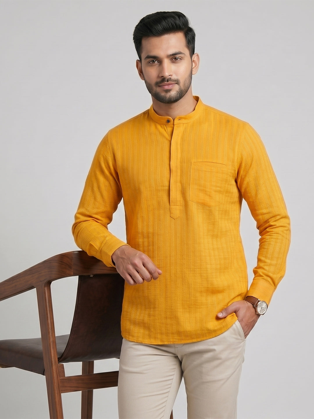 Men Cotton Short Length Self Design with Stripes Pocket Kurta Orange Y27