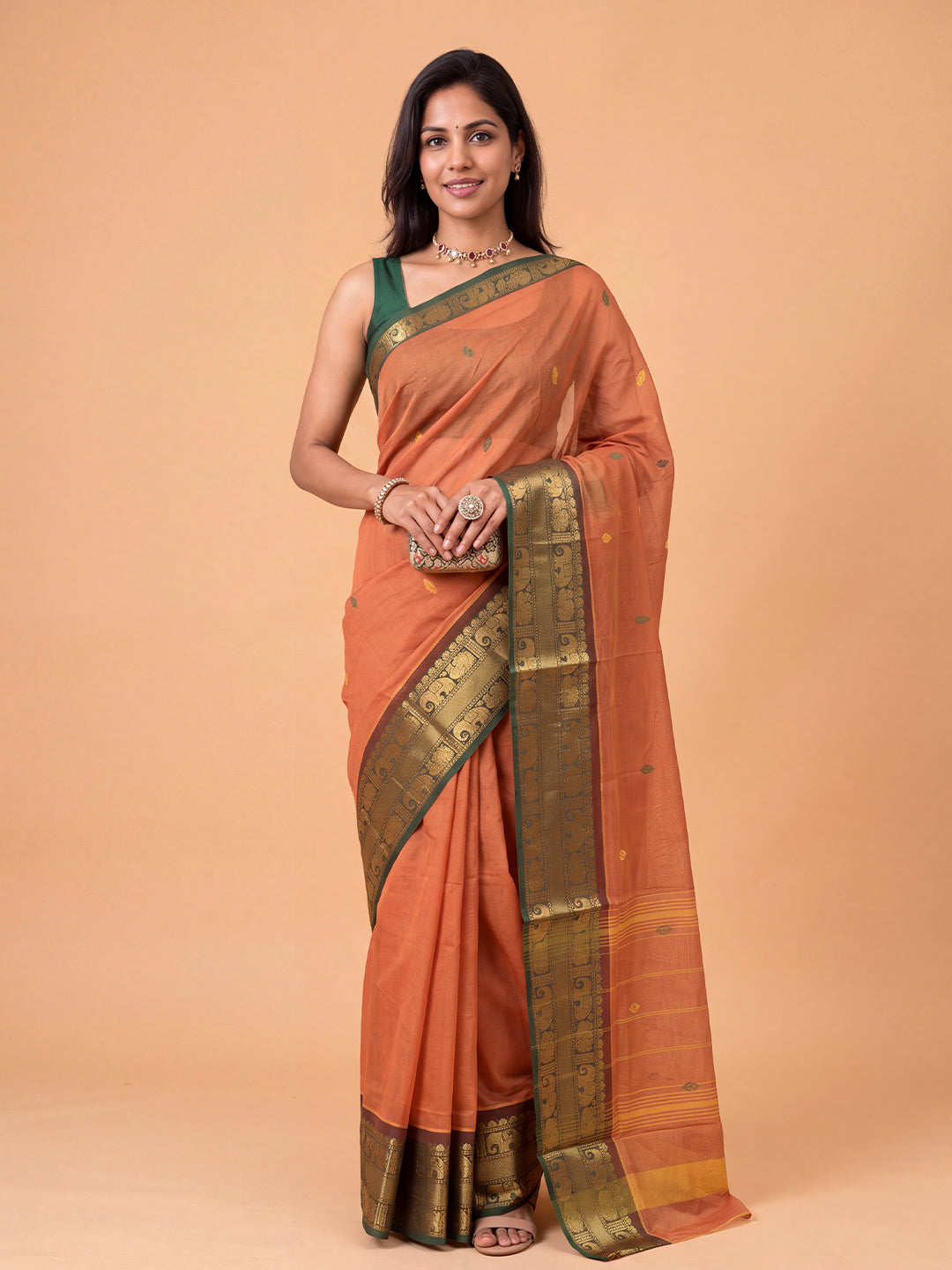 Women Chettinad Cotton Orange Saree CCS12