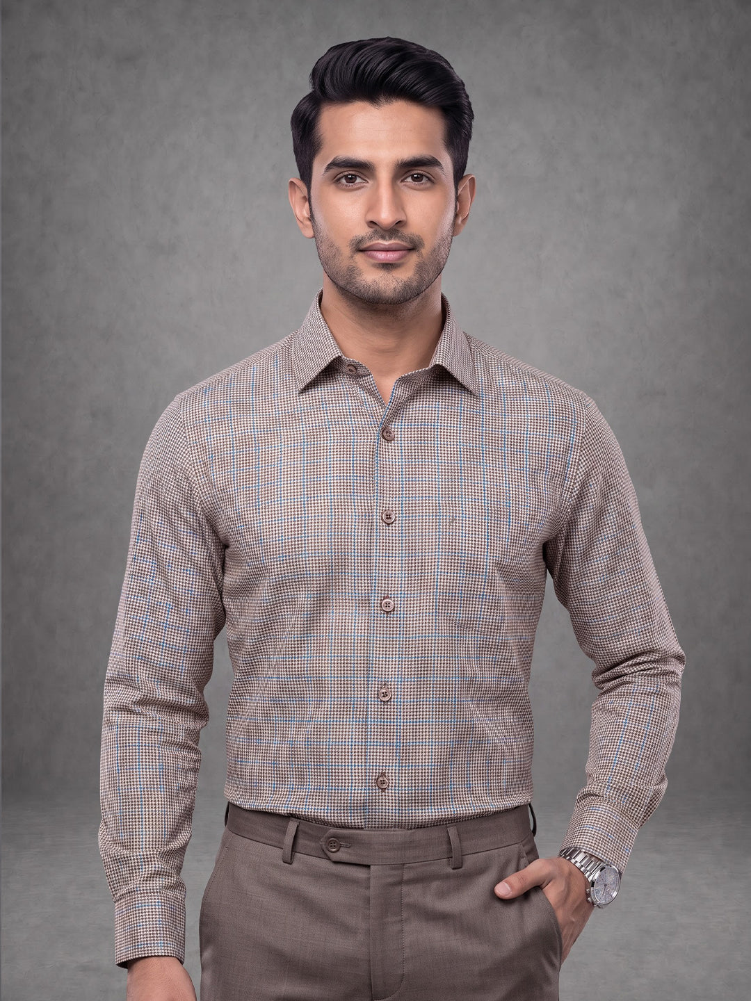 Prima Club Premium Cotton Dobby Khaki Red Checked Regular Fit Shirt SRAQ1