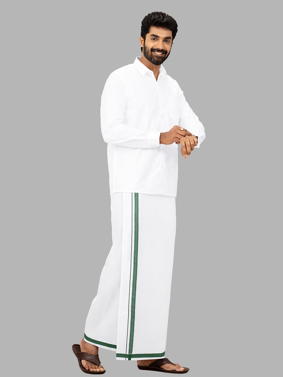 Men Green Fancy Border Single Layer White Dhoti PF01