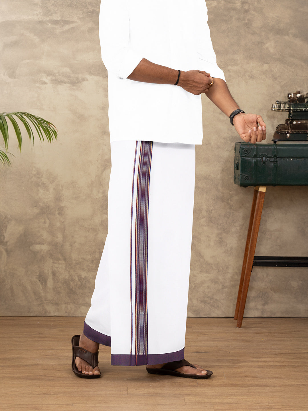 Men 100% Cotton Double Layer White Dhoti with Fancy Jari Border RGF03