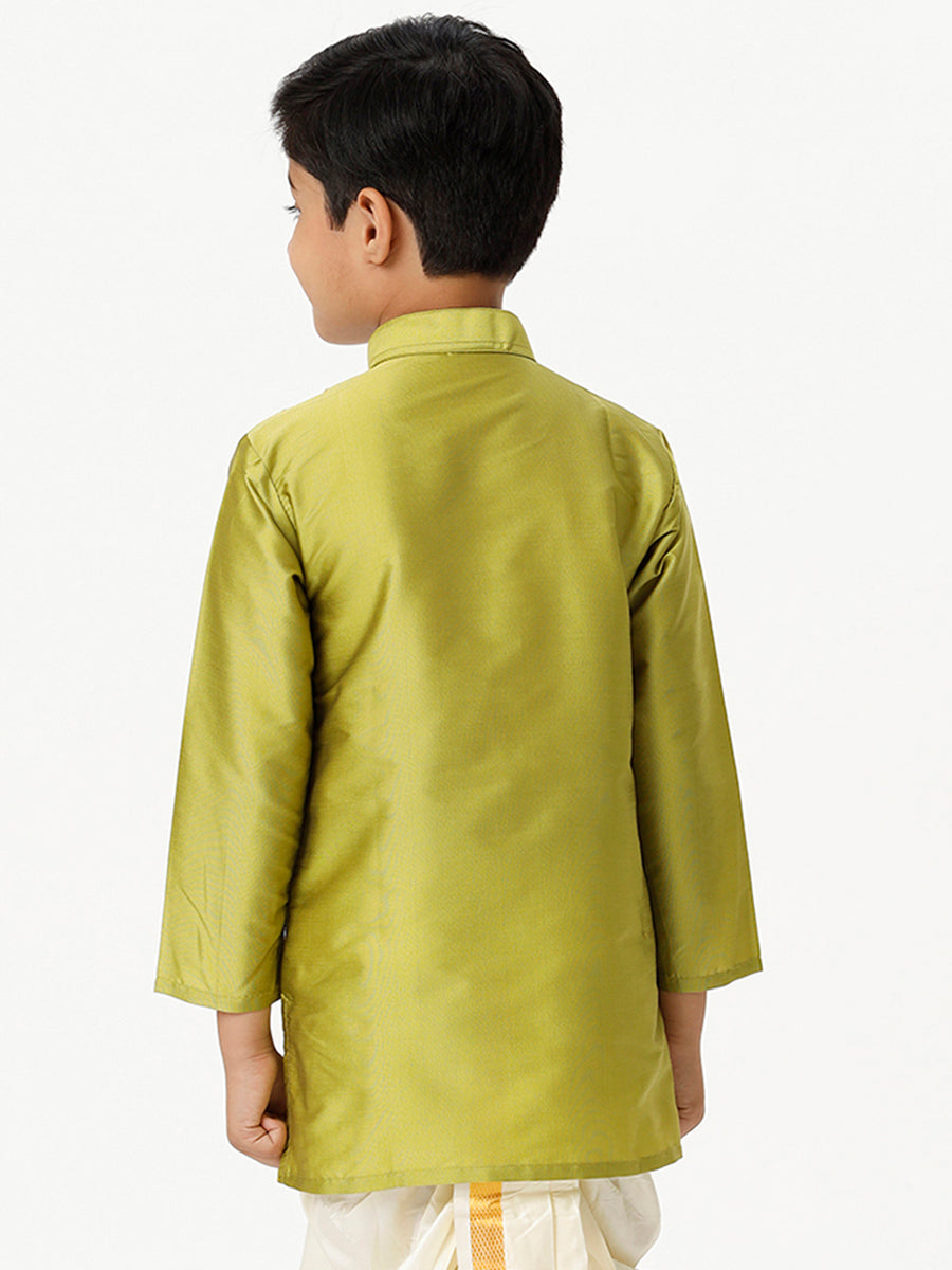 Boys Silk Cotton Full Sleeves Parrot Green Kurta-Back view