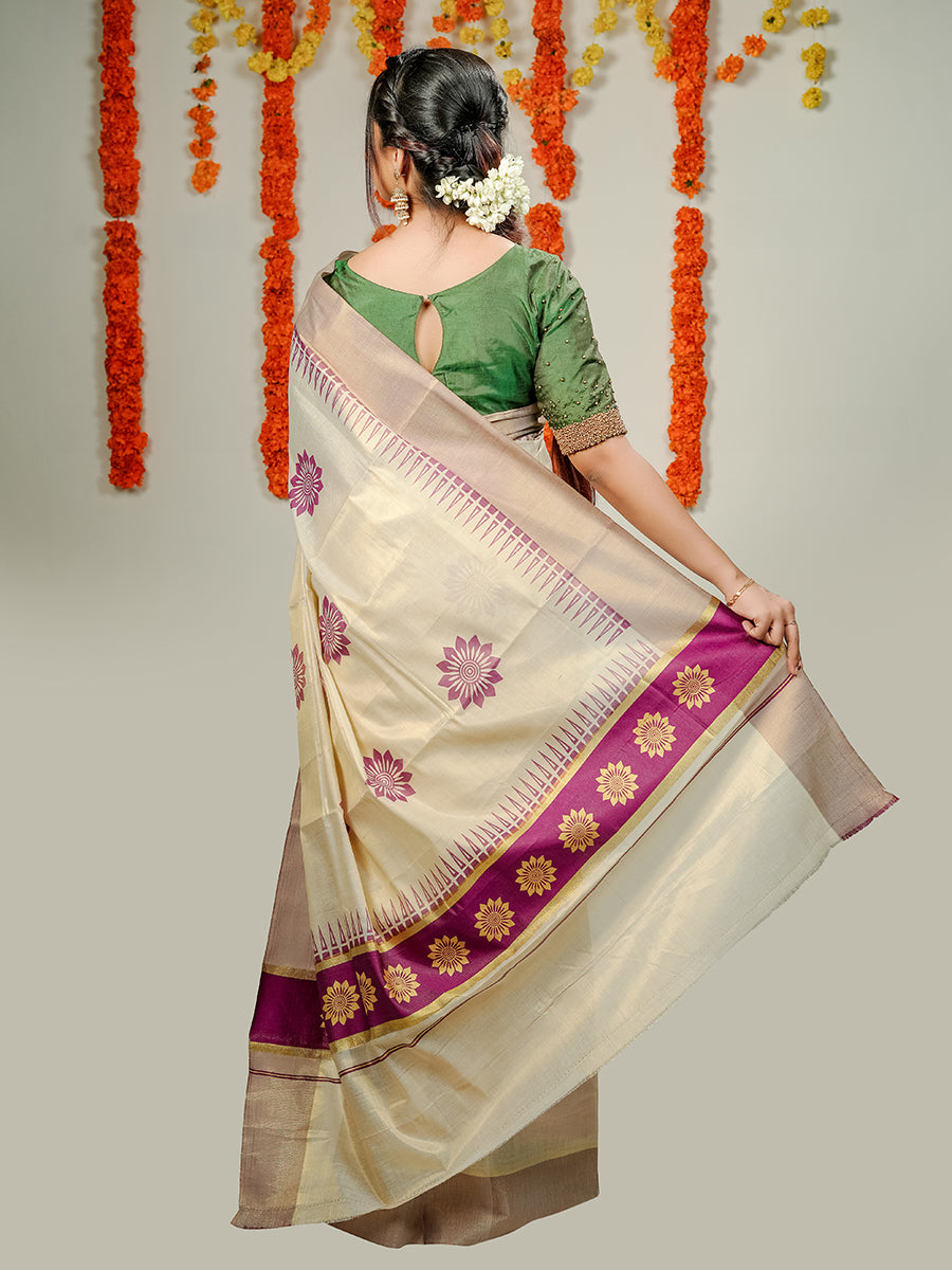Womens Kerala Tissue Flower Printed Gold Jari & Violet Border with Tussle Saree OKS02 Onam Collection