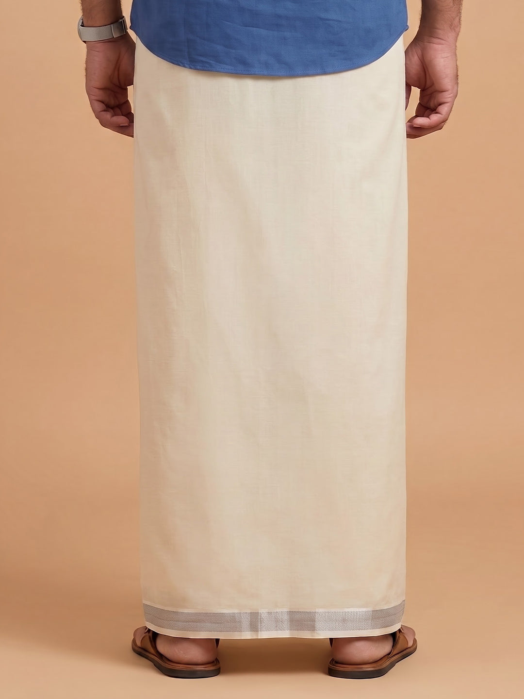 Double Layer Giza Cotton Cream Kora Dhoti with Colour Jari Border - LC39