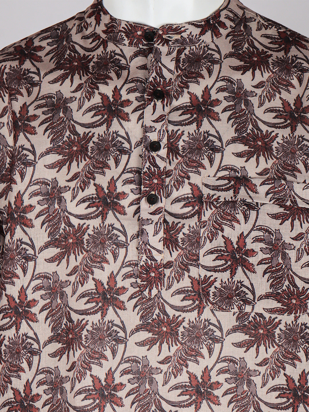Men Cotton Short Length Printed Pocket Kurta Brown Leaf RI02