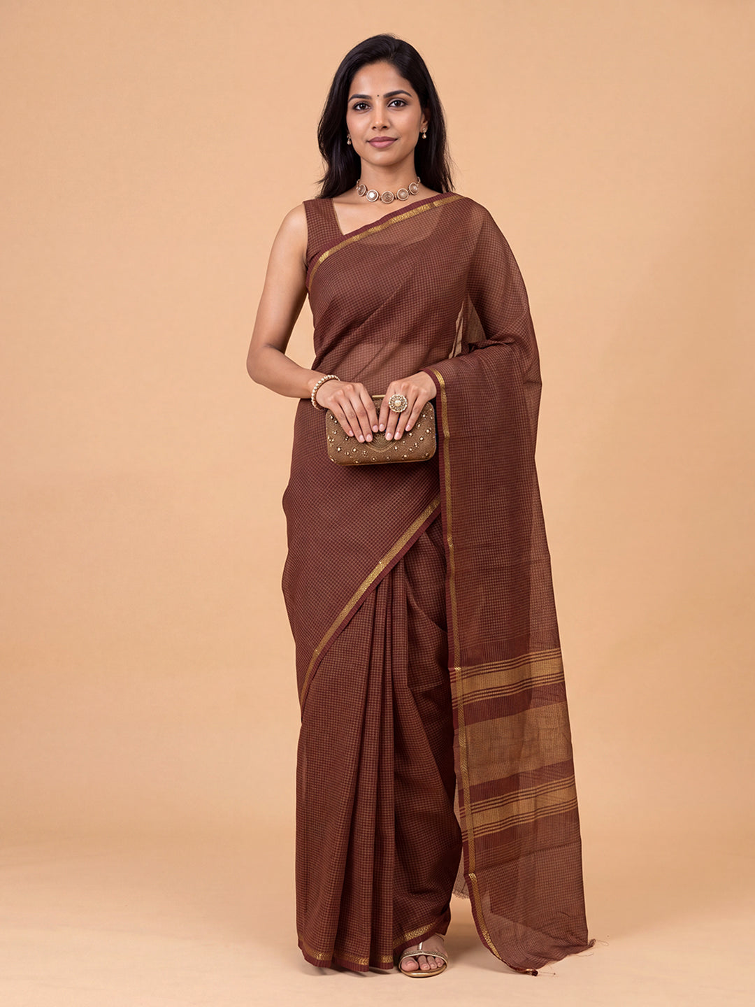Women Chettinad Cotton Checks Maroon Saree CCS10
