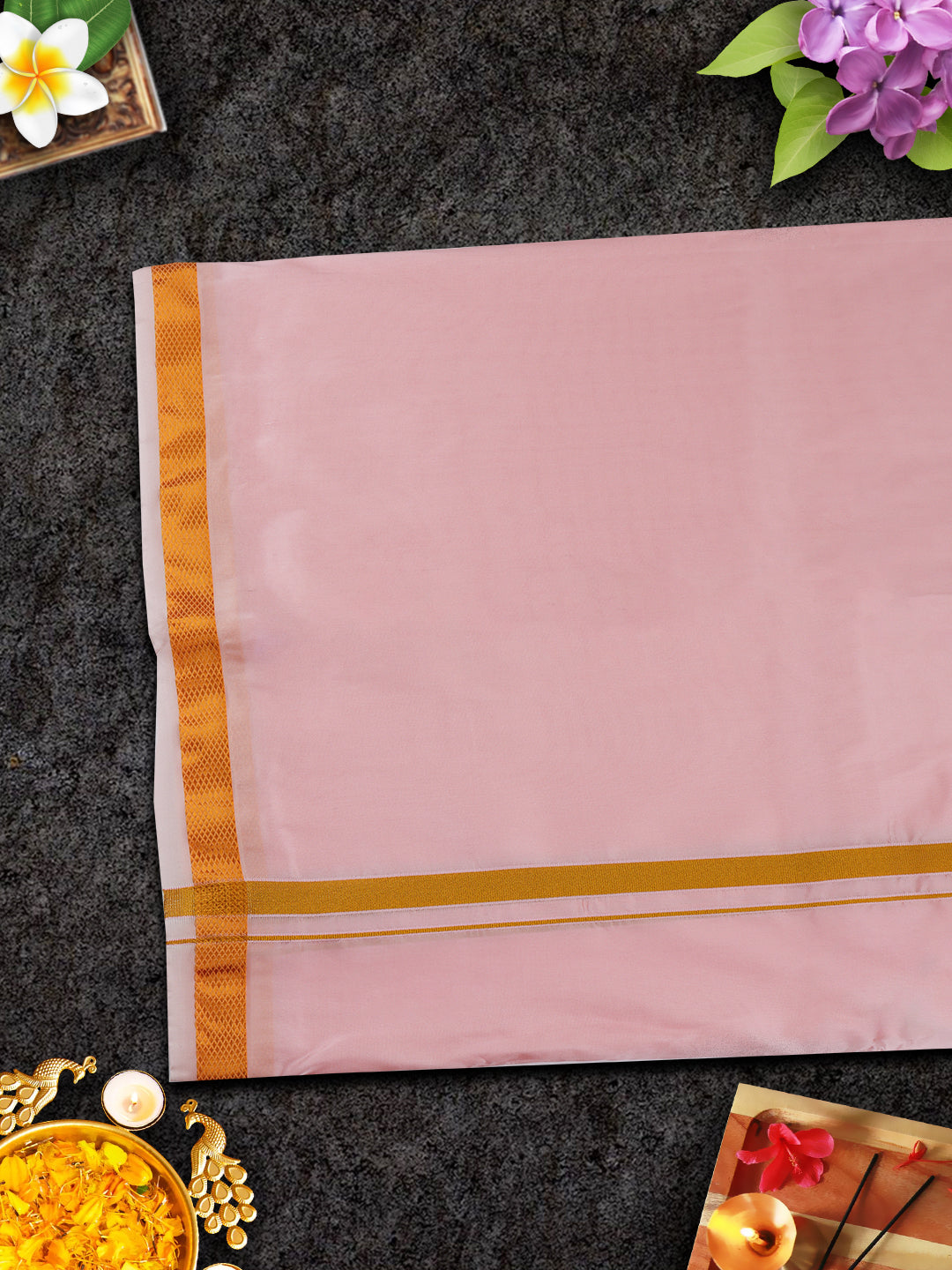 Mens Premium Art Silk Light Pink Shirting & Gold Jari Border Panchakacham Set 9+5 Ashirwath-View six