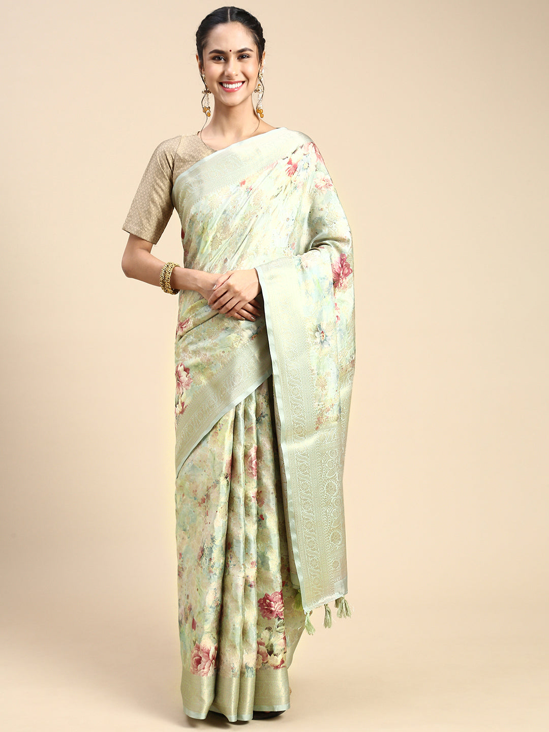 Women Light Green With Floral Printed Dola Semi Weaving Printed Saree DSP06