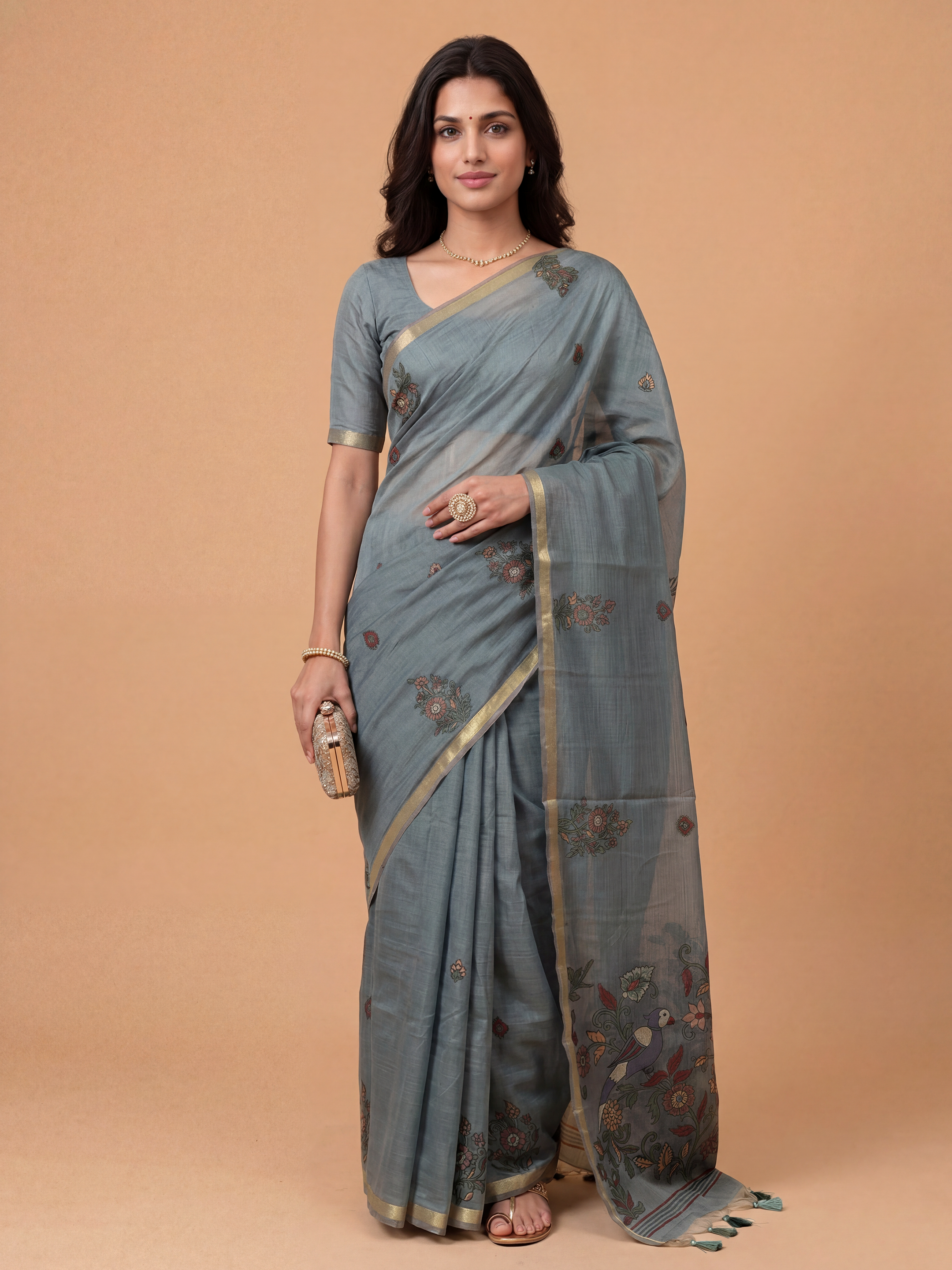 Women Pure Cotton Printed Bluish Grey Saree PCS269