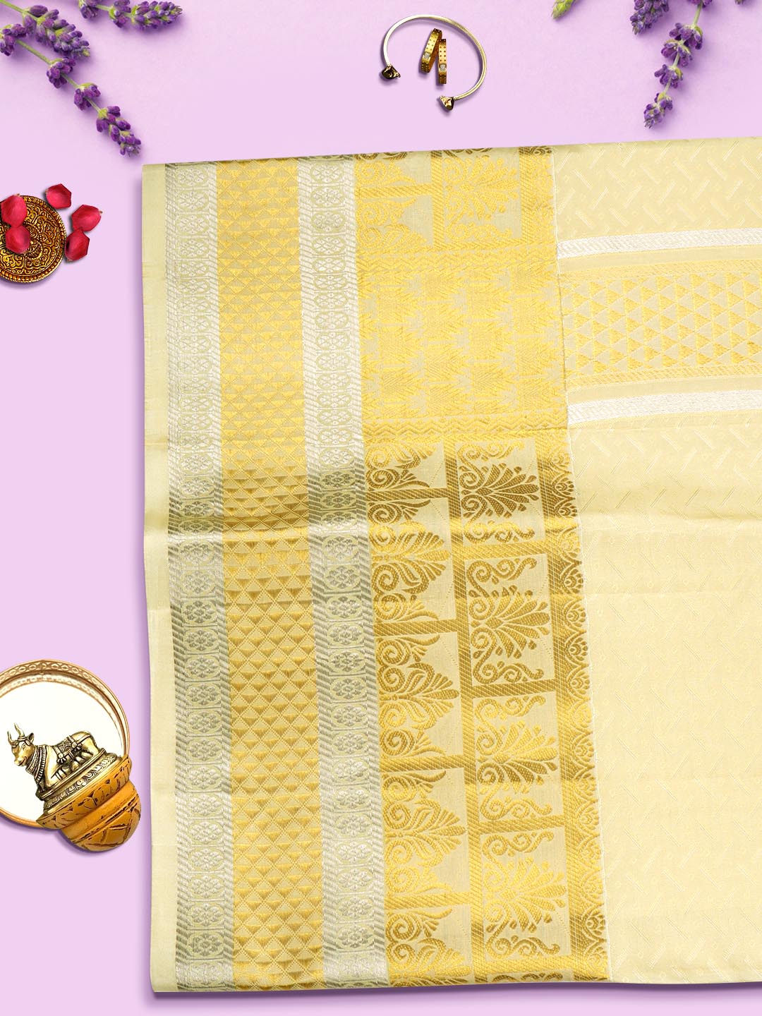 Pure Silk Dark Cream Colour 4" Gold Jari Border Dhoti With Towel Thirukalyan-View four