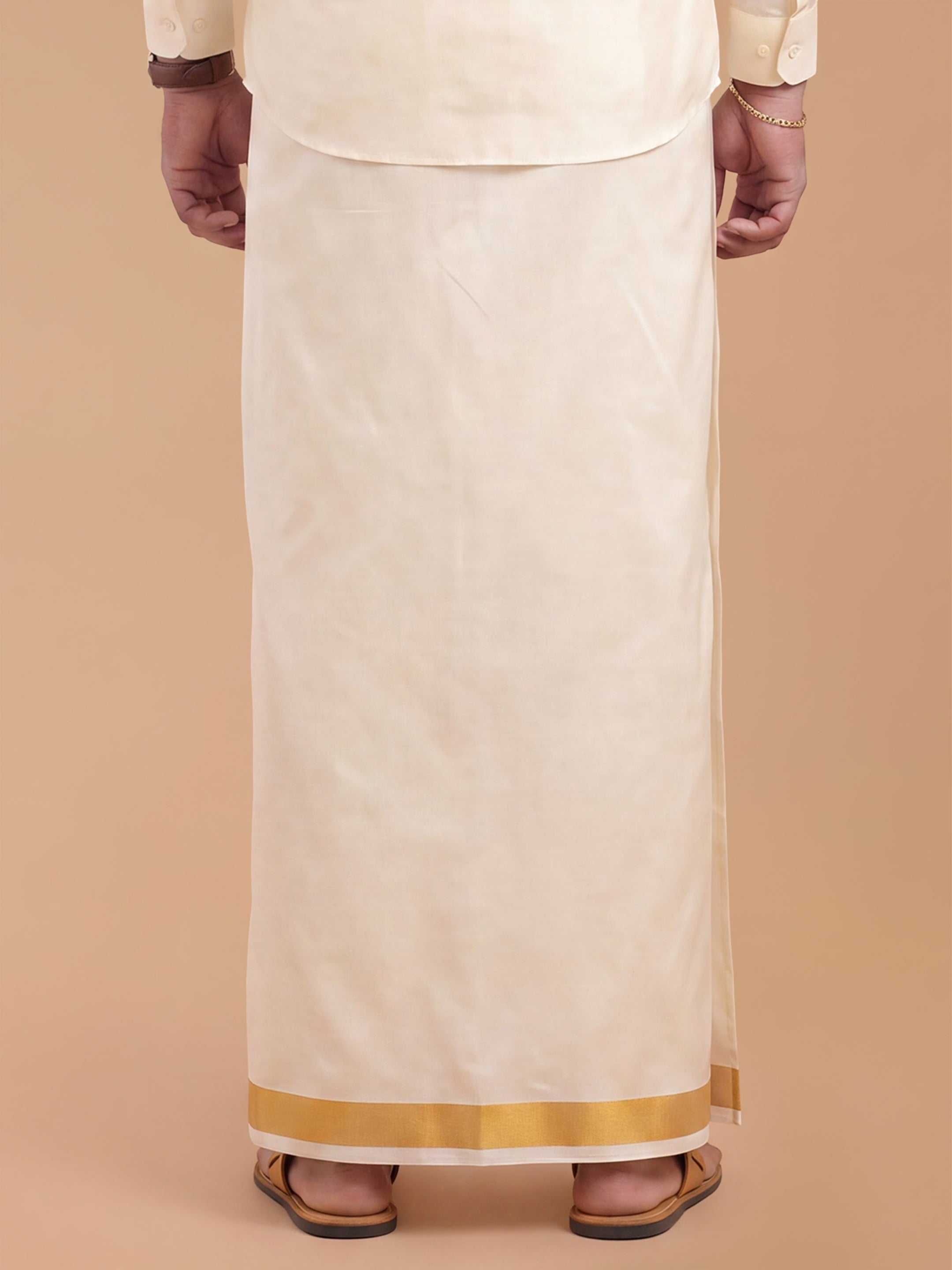 Silk Cream Double Dhoti 1" Gold Jari Border Suba Vivaga